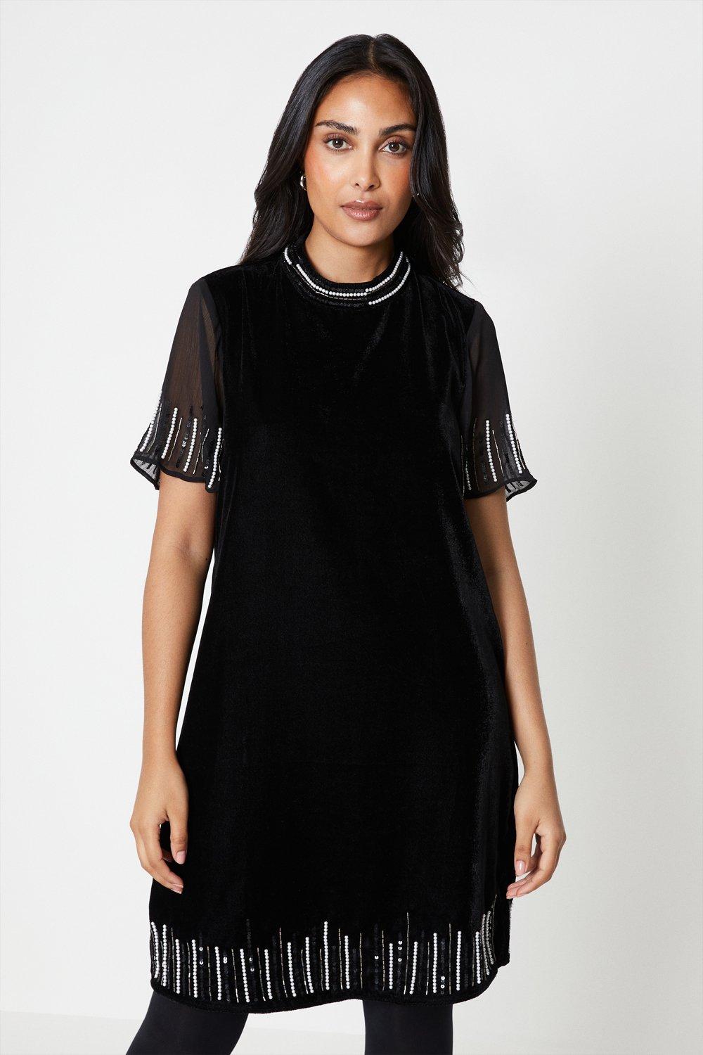 Black embellished 2024 shoulder shift dress