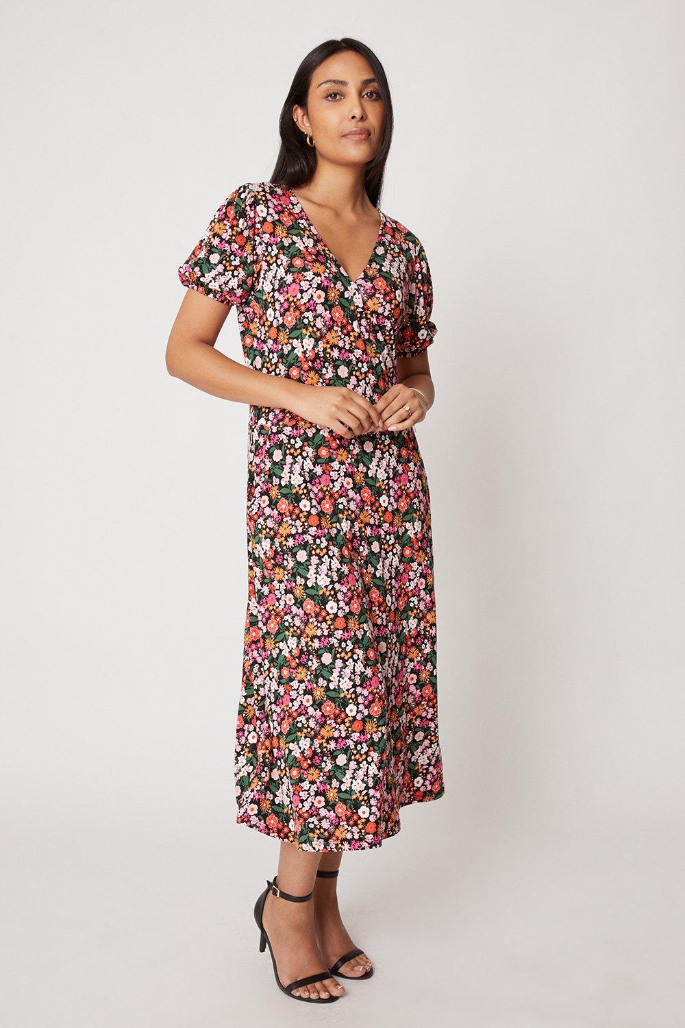 Womens Petite Ditsy Floral Jersey Midi Dress