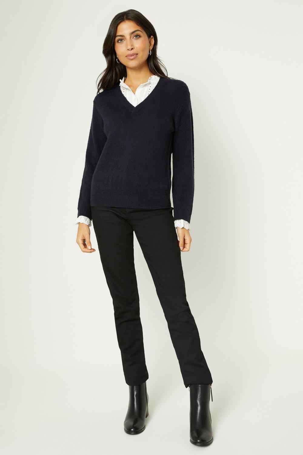 Womens V Neck Jumper With Shirt Collar