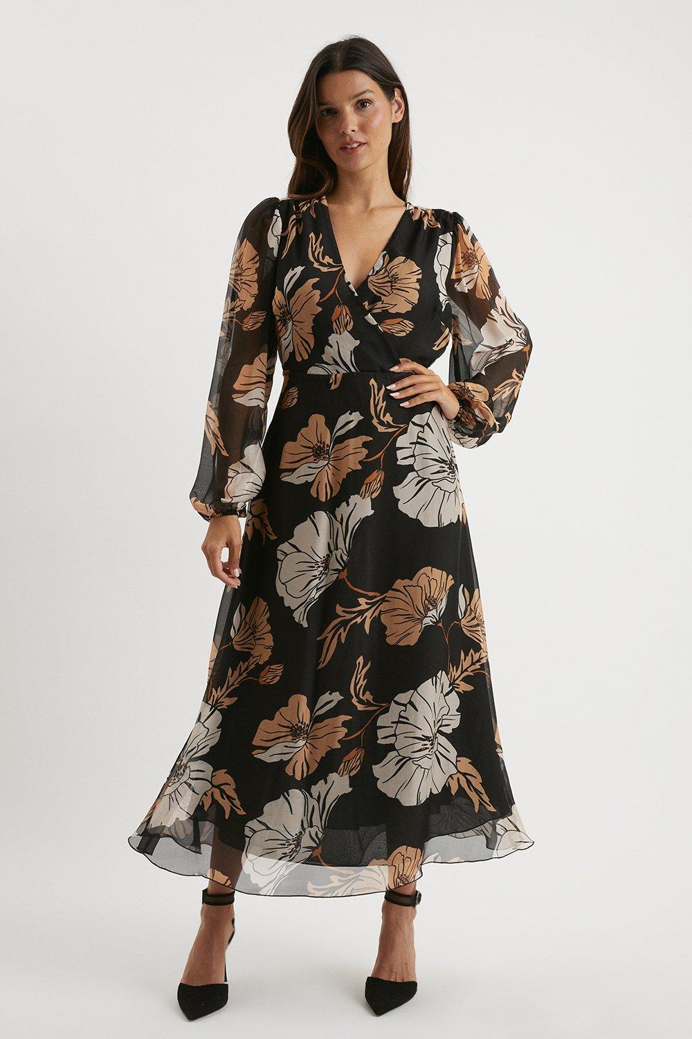 Womens Silk Mix Floral Print Maxi Dress