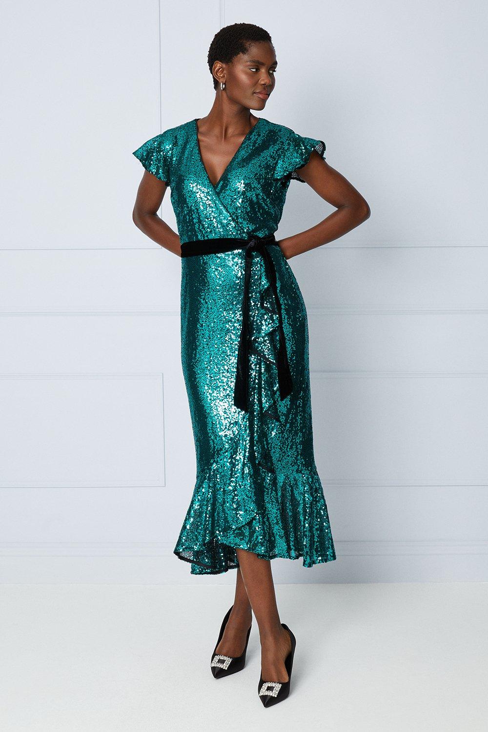 Womens Tall Premium Sequin Velvet Belt Midi Dress