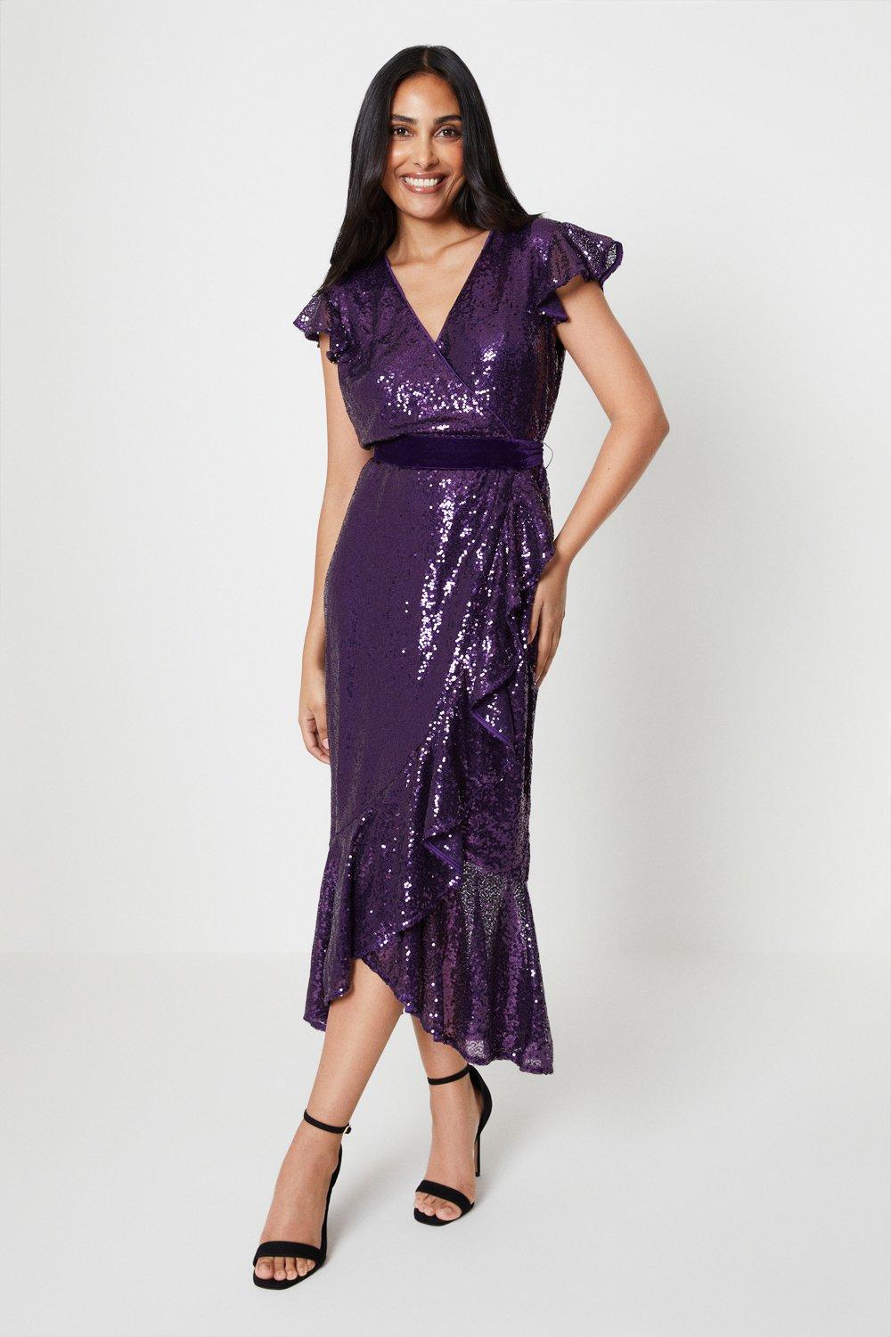 Womens Petite Premium Sequin Velvet Belt Midi Dress