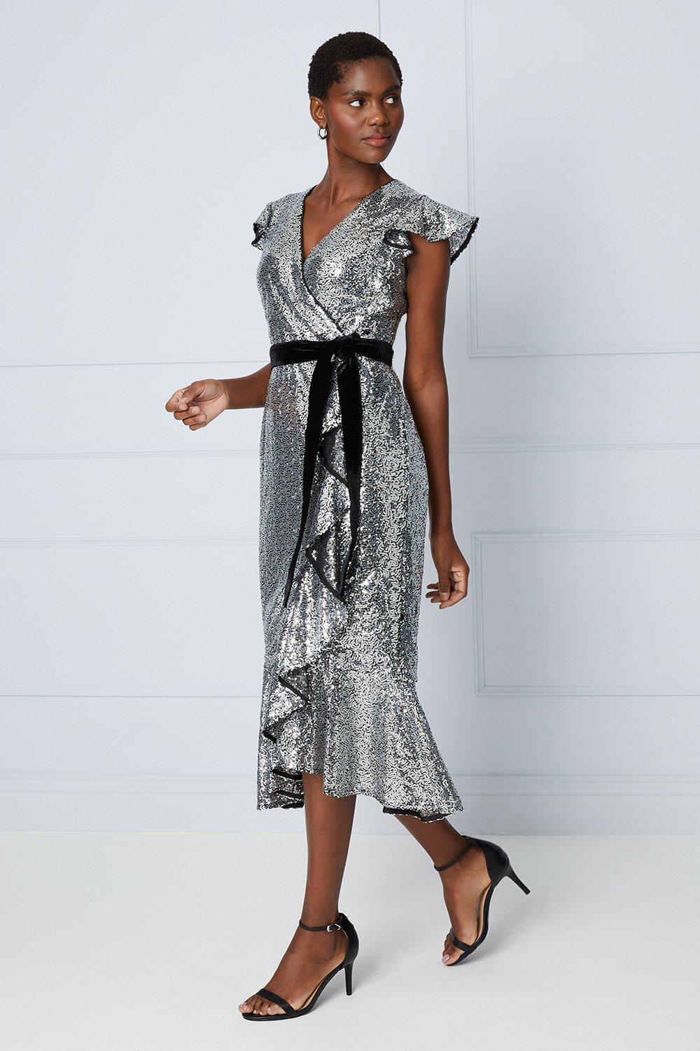 Womens Premium Sequin Velvet Belt Midi Dress