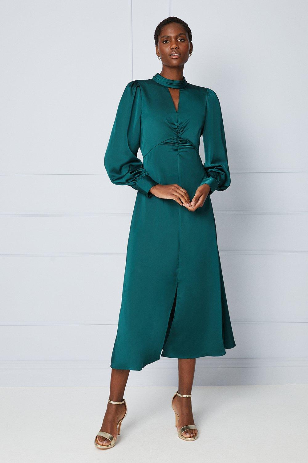 Womens Premium Satin Ruched Button Midi Dress