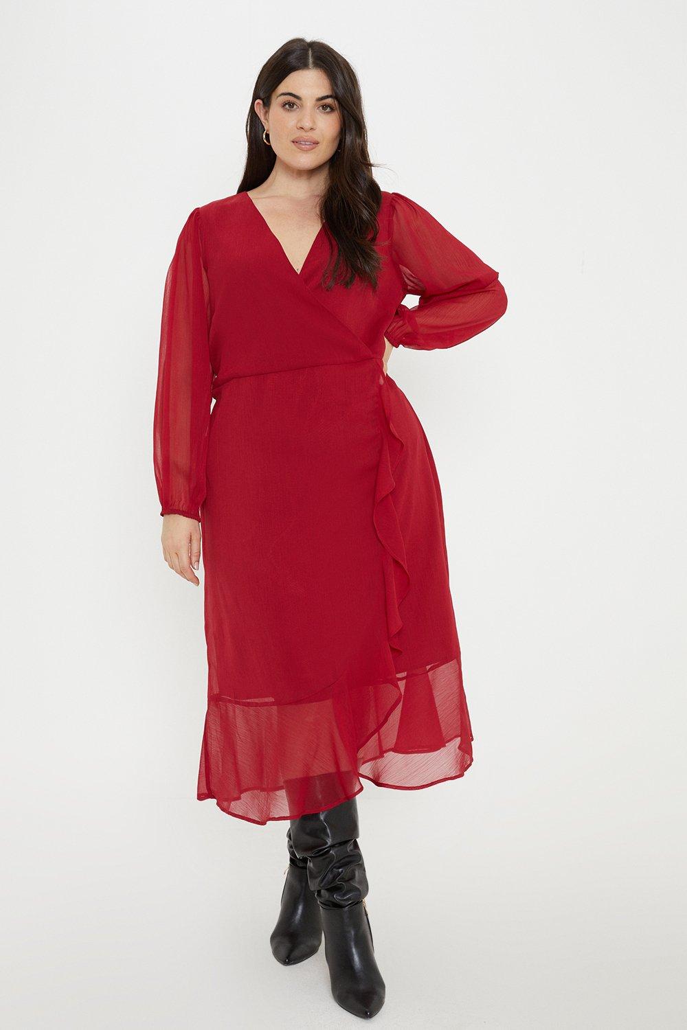 Womens Curve Frill Woven Wrap Long Sleeve Dress