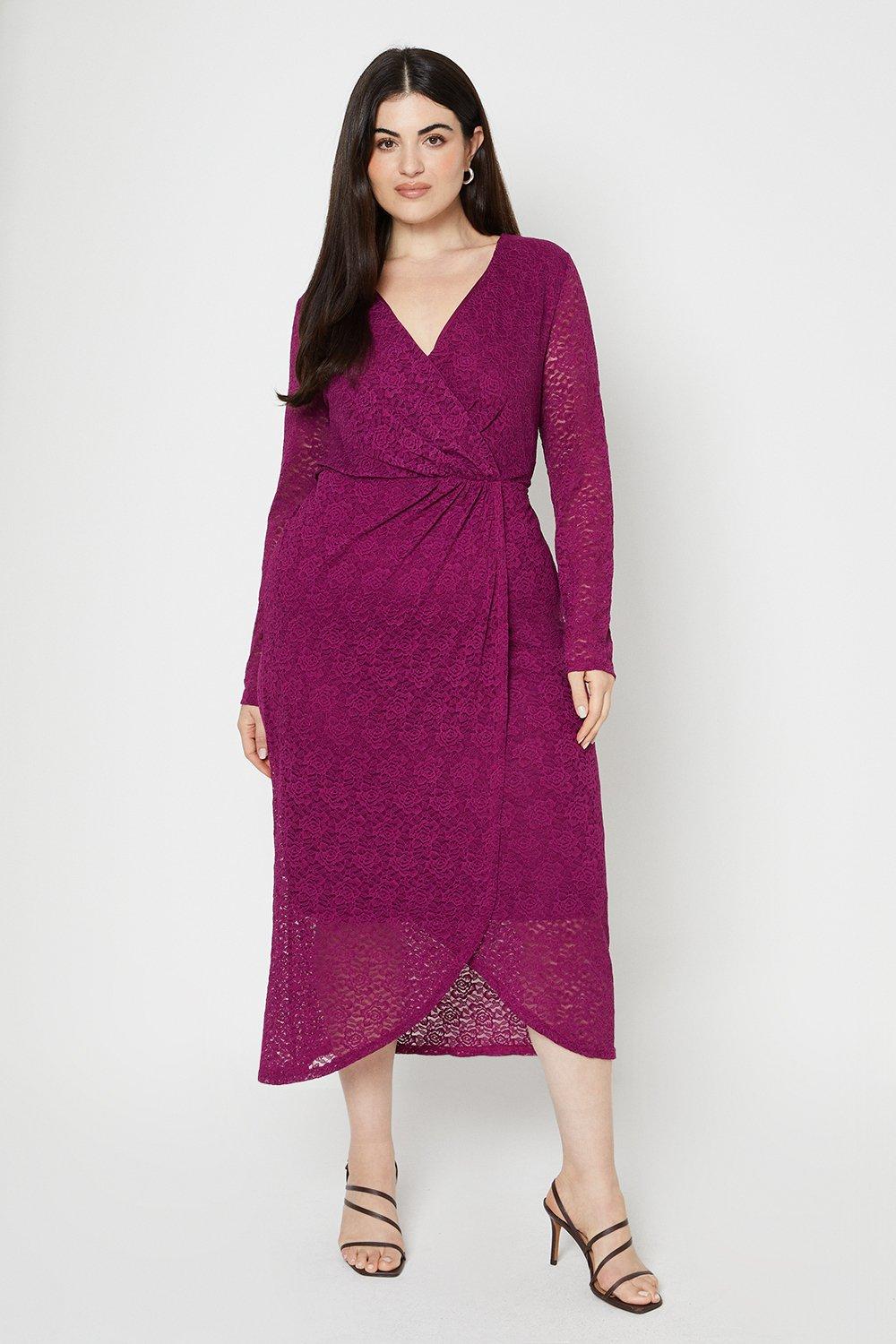 Womens Curve Lace Gathered Wrap Midi Dress