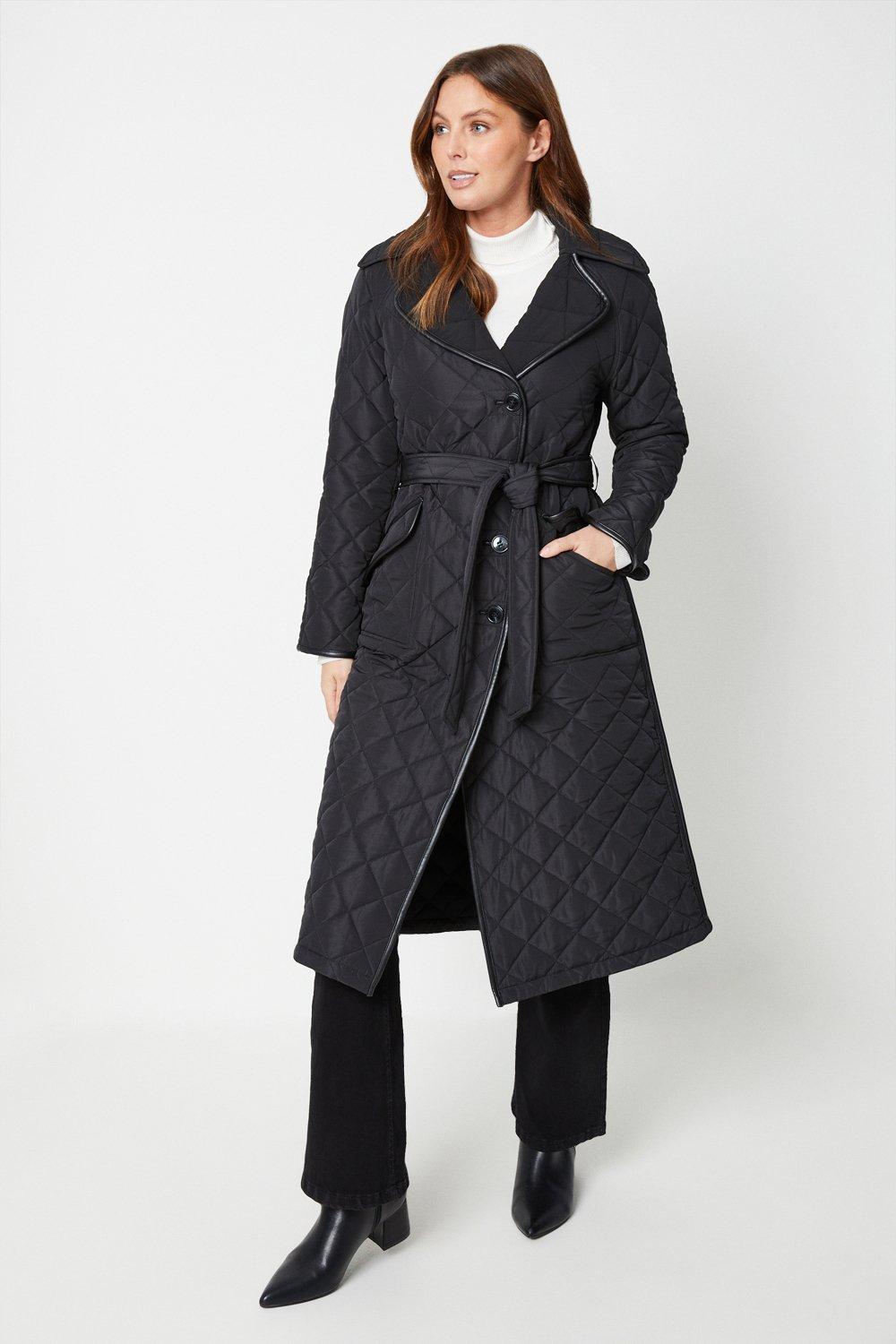 Womens Belted Longline Quilted Coat With Pu Contrast Trims