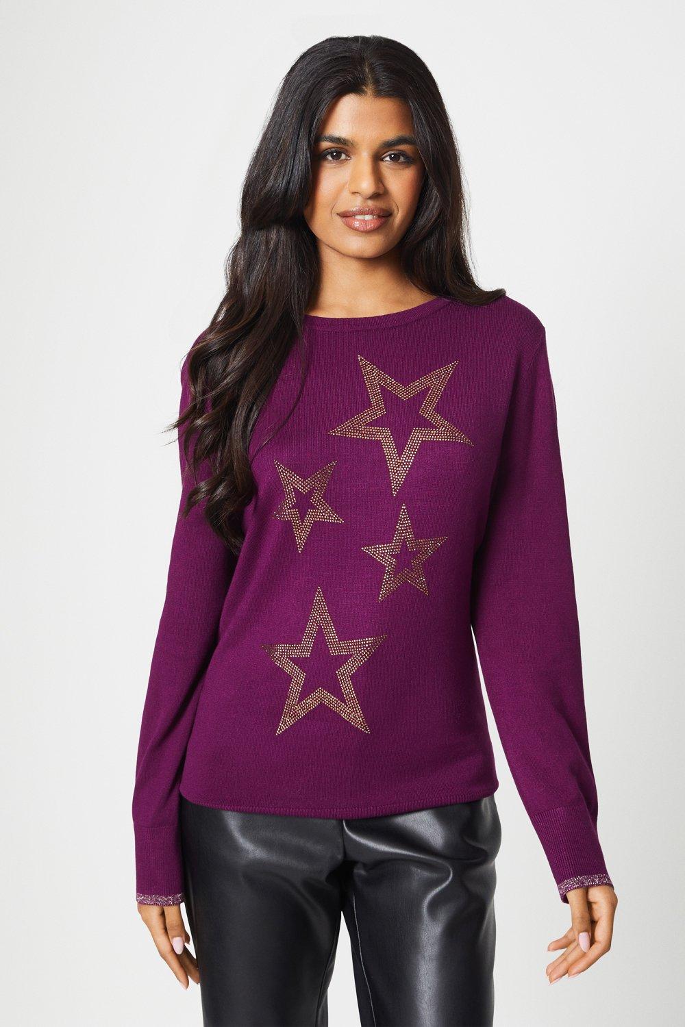 Womens Petite Hotfix Star Sweater