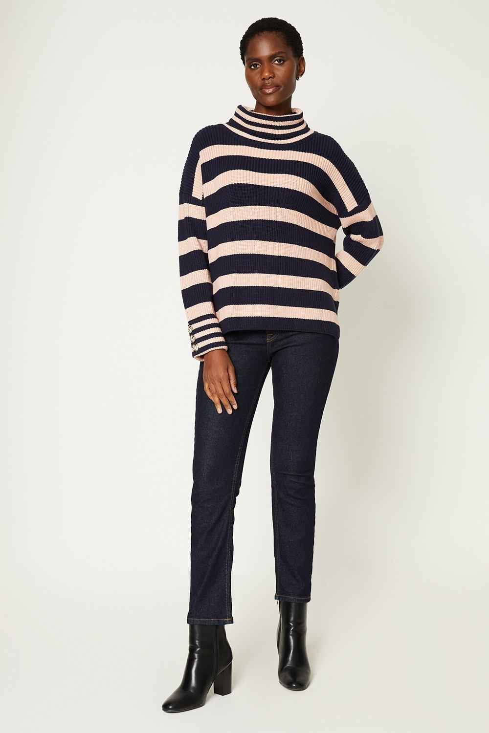 Womens Roll Neck Stripe Jumper With Military Button Cuff