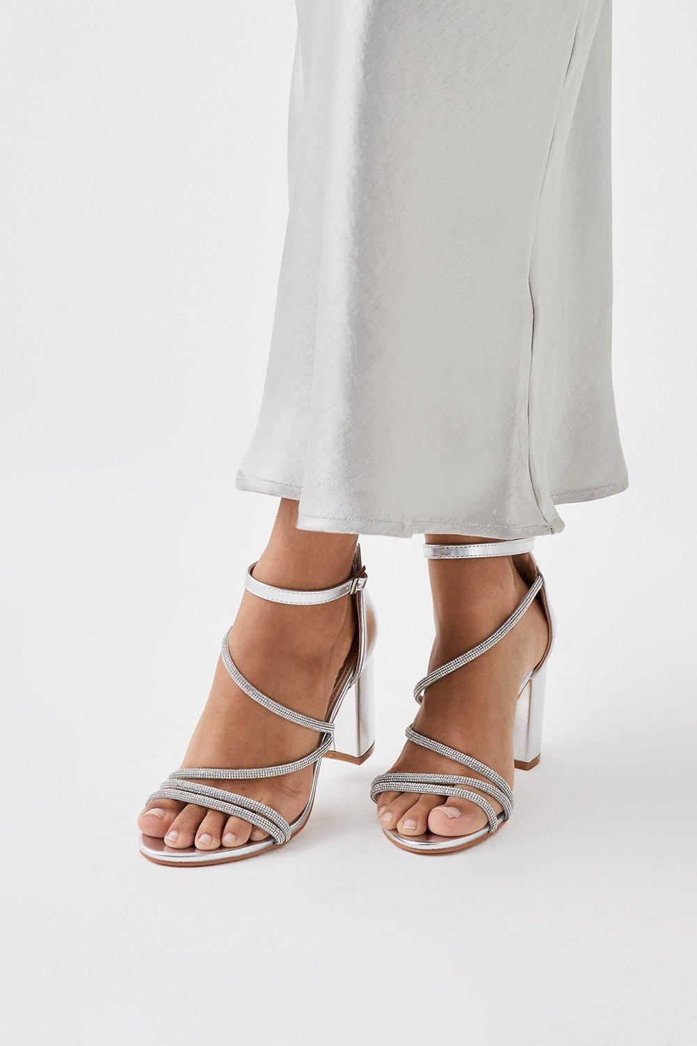 Womens Sandy Diamante Asymmetric Strap High Heel Block Heel Sandals