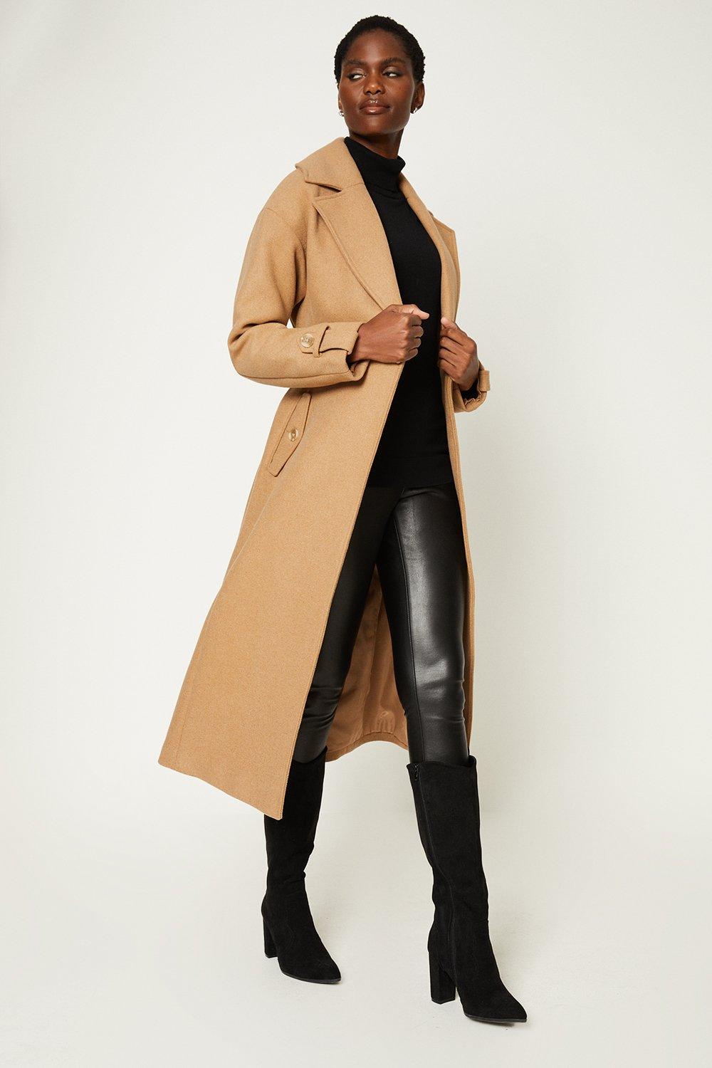 Camel longline store belted coat