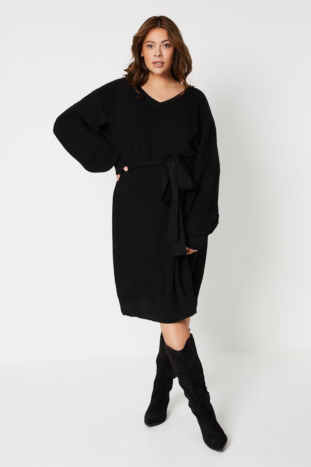 Womens Curve Batwing Tie Waist Knitted Dress