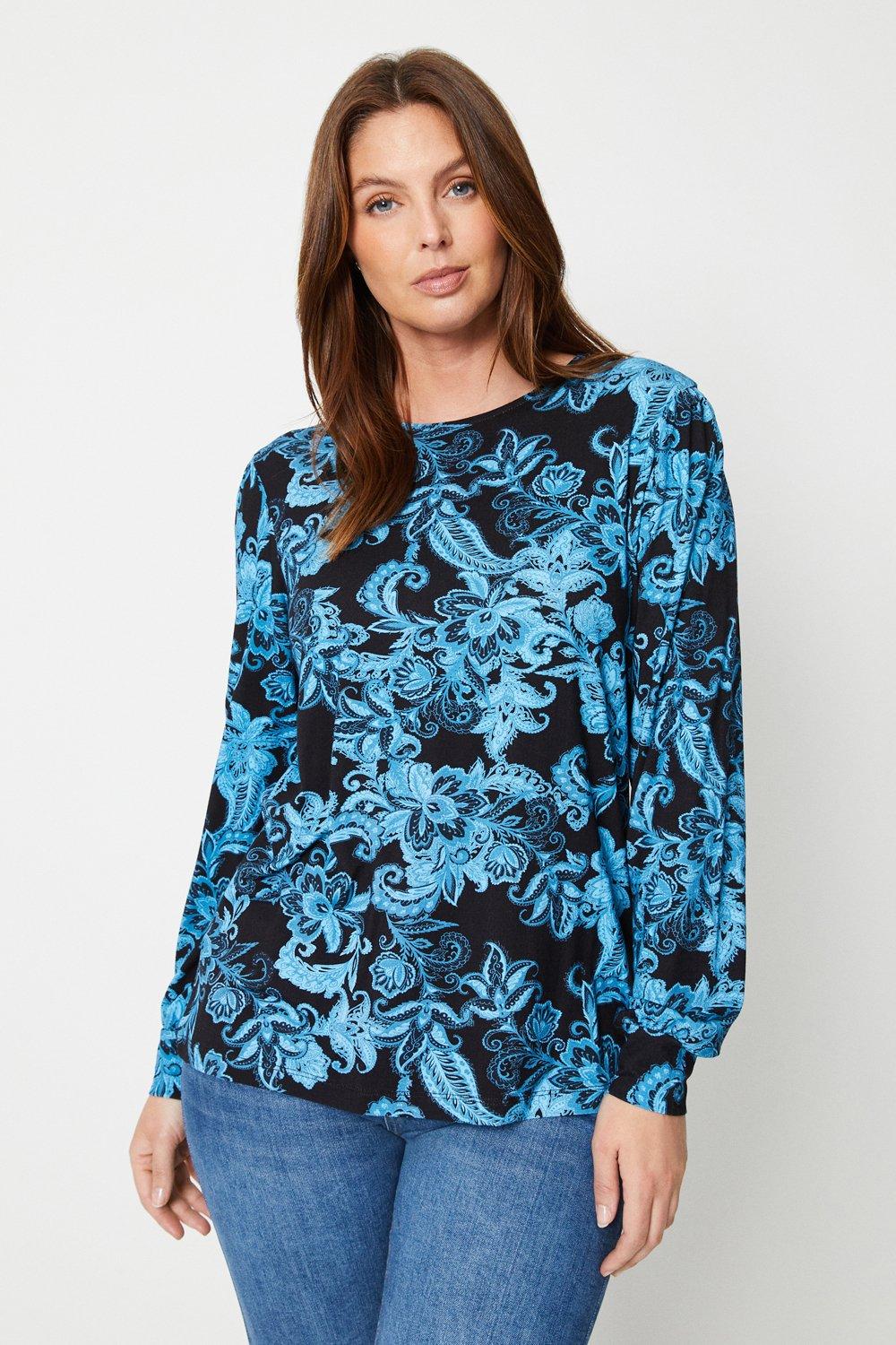 Womens Teal Floral Cuff Detail Jersey Top