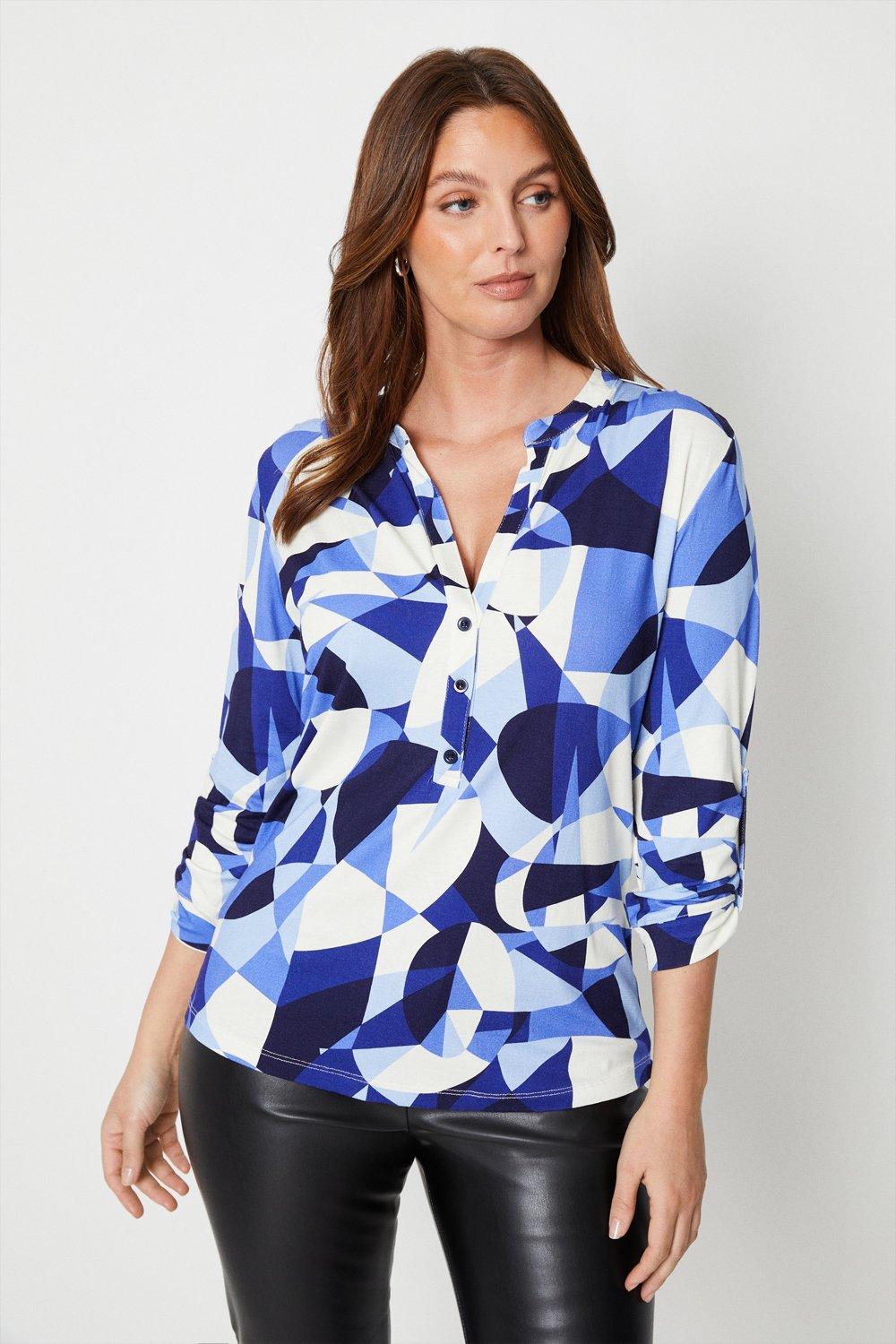 Womens Blue Geo Print Roll Sleeve Shirt