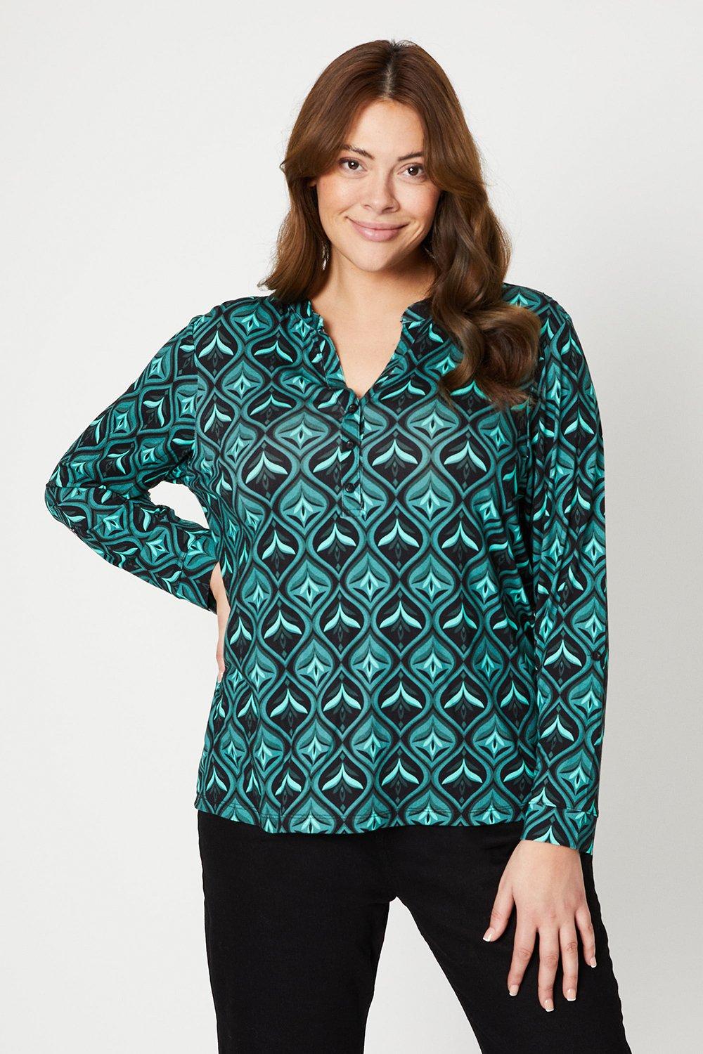 Womens Curve Green Geo Print Roll Sleeve Shirt