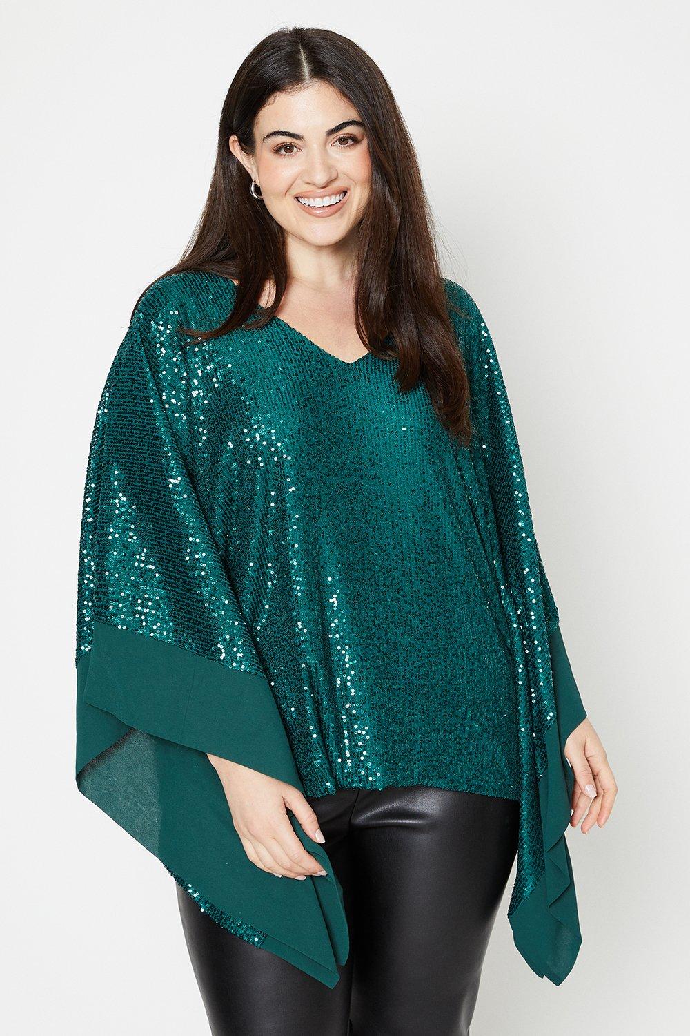 Womens Curve Sequin V Neck Chiffon Detail Overlay Top