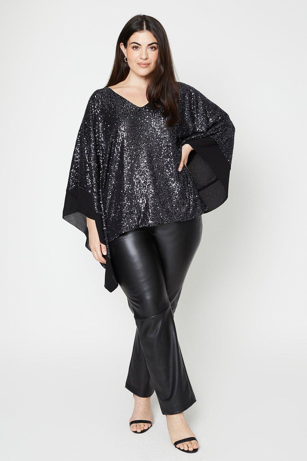Womens Curve Sequin V Neck Chiffon Detail Overlay Top