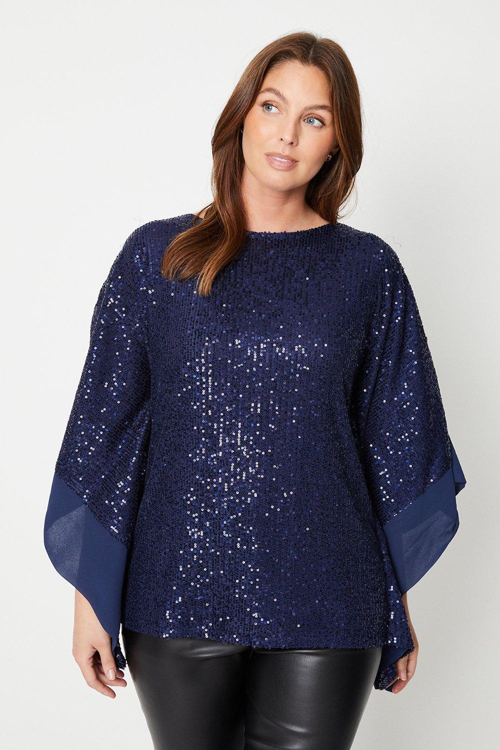 Womens Sequin V Neck Chiffon Detail Overlay Top