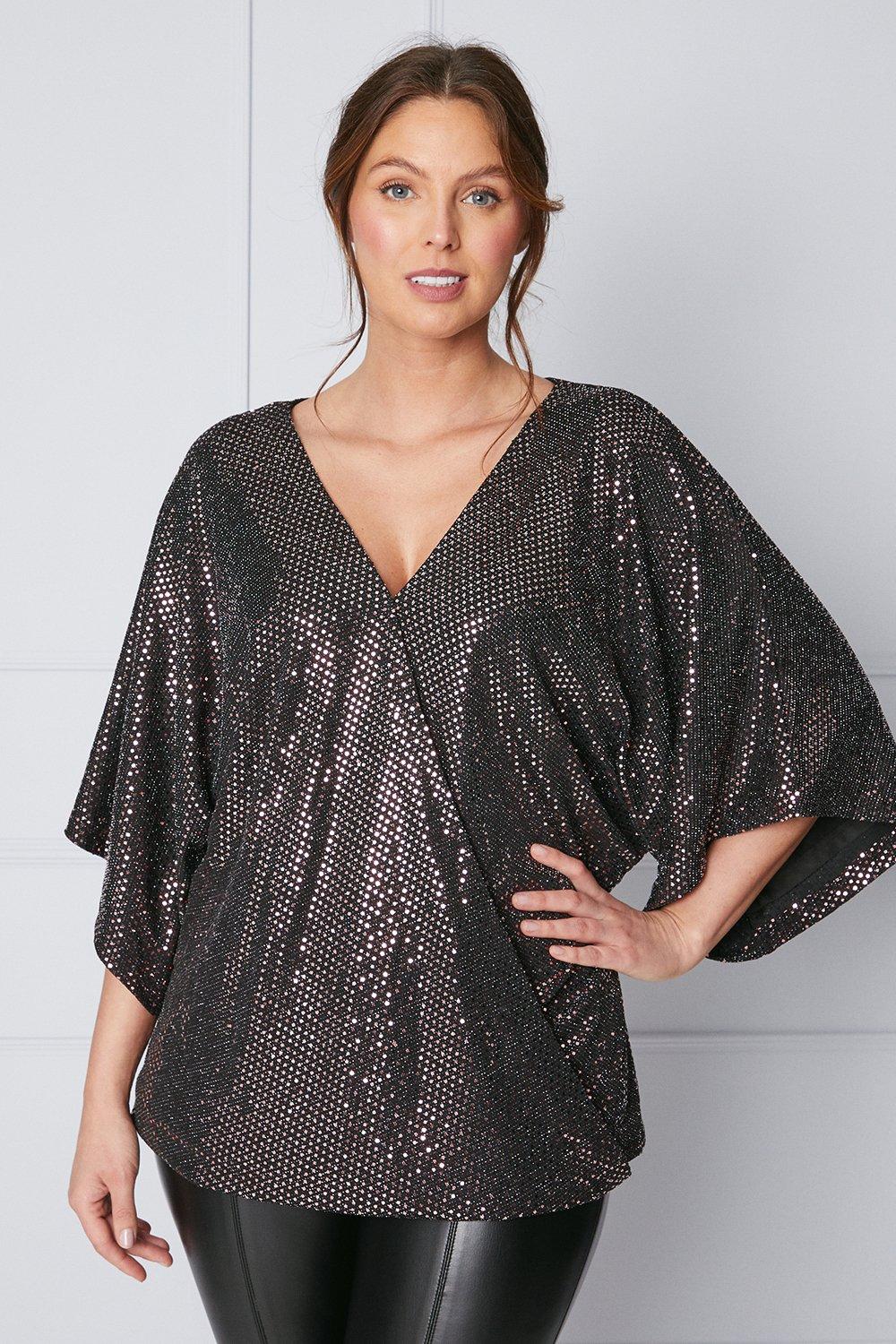 Womens Tall Wrap Batwing Sleeve Sequin Jersey Top