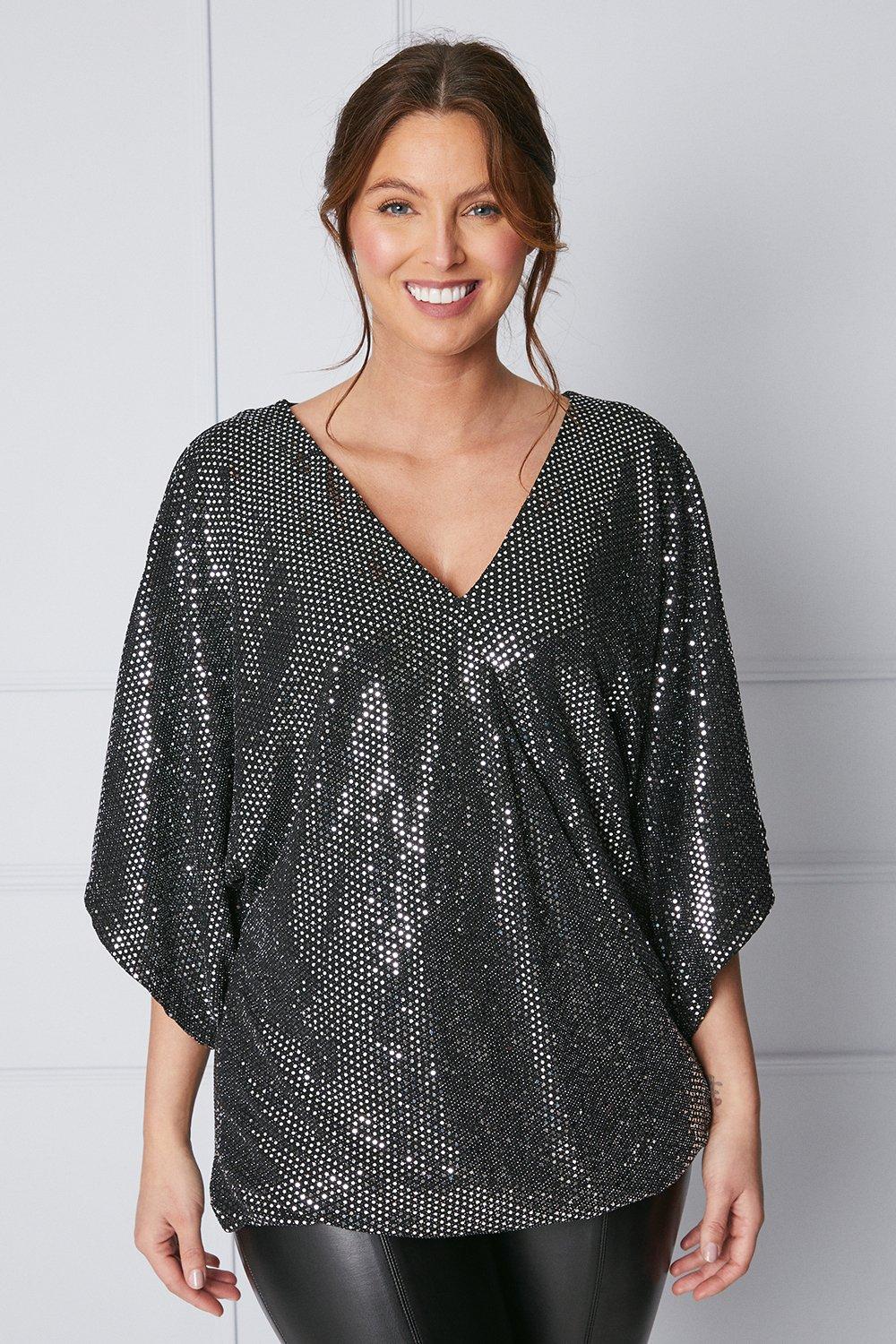 Womens Tall Wrap Batwing Sleeve Sequin Jersey Top