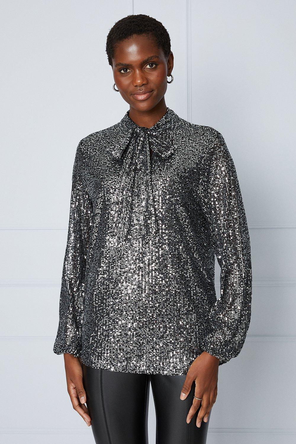 Womens Tall Sequin Tie Neck Blouse