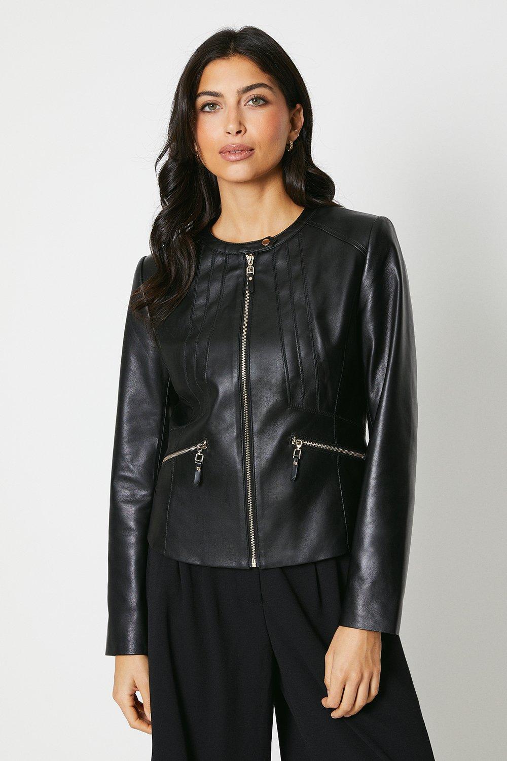 Womens Round Neck Zip Pocket Real Leather Jacket