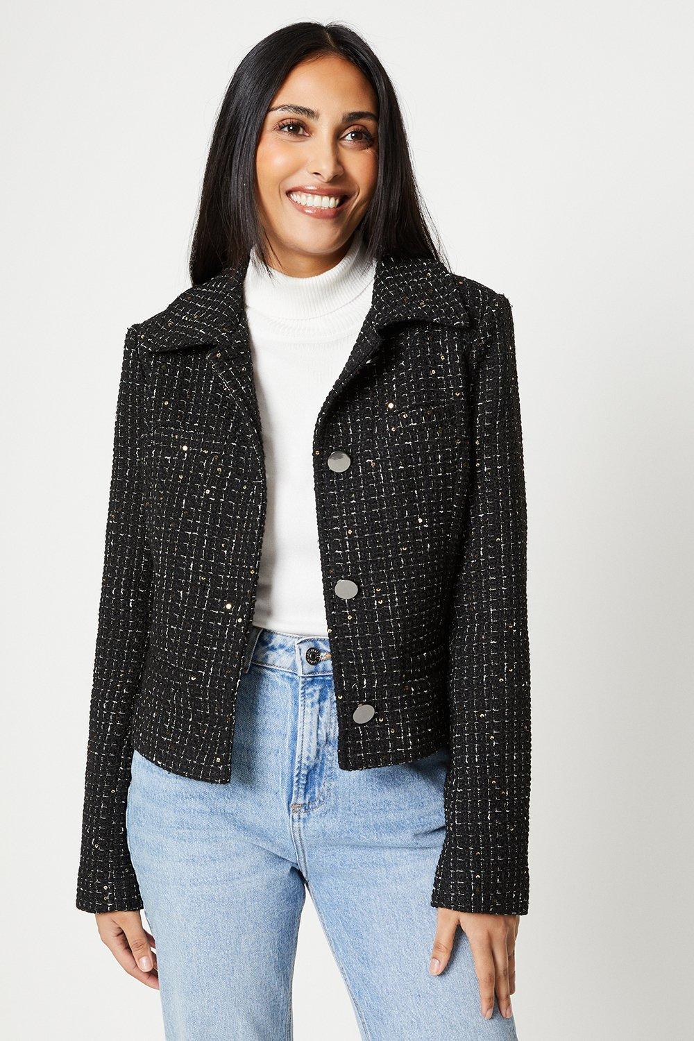 Womens Petite Tweed Jacket With Chain Detail