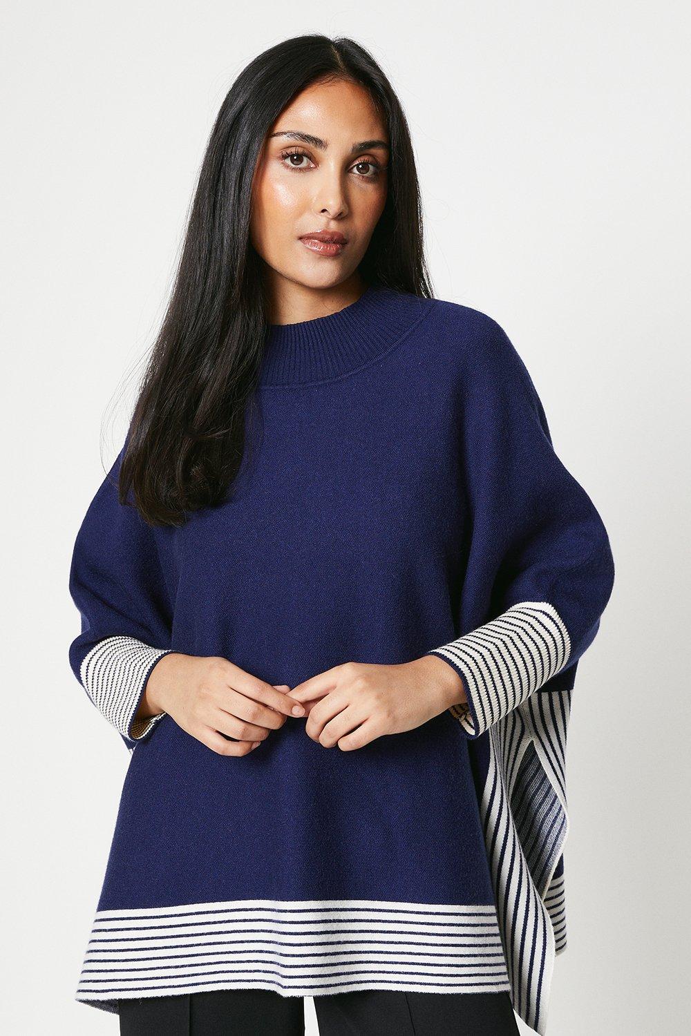 Womens Petite Oversized Poncho Jumper With Contrast Stripe