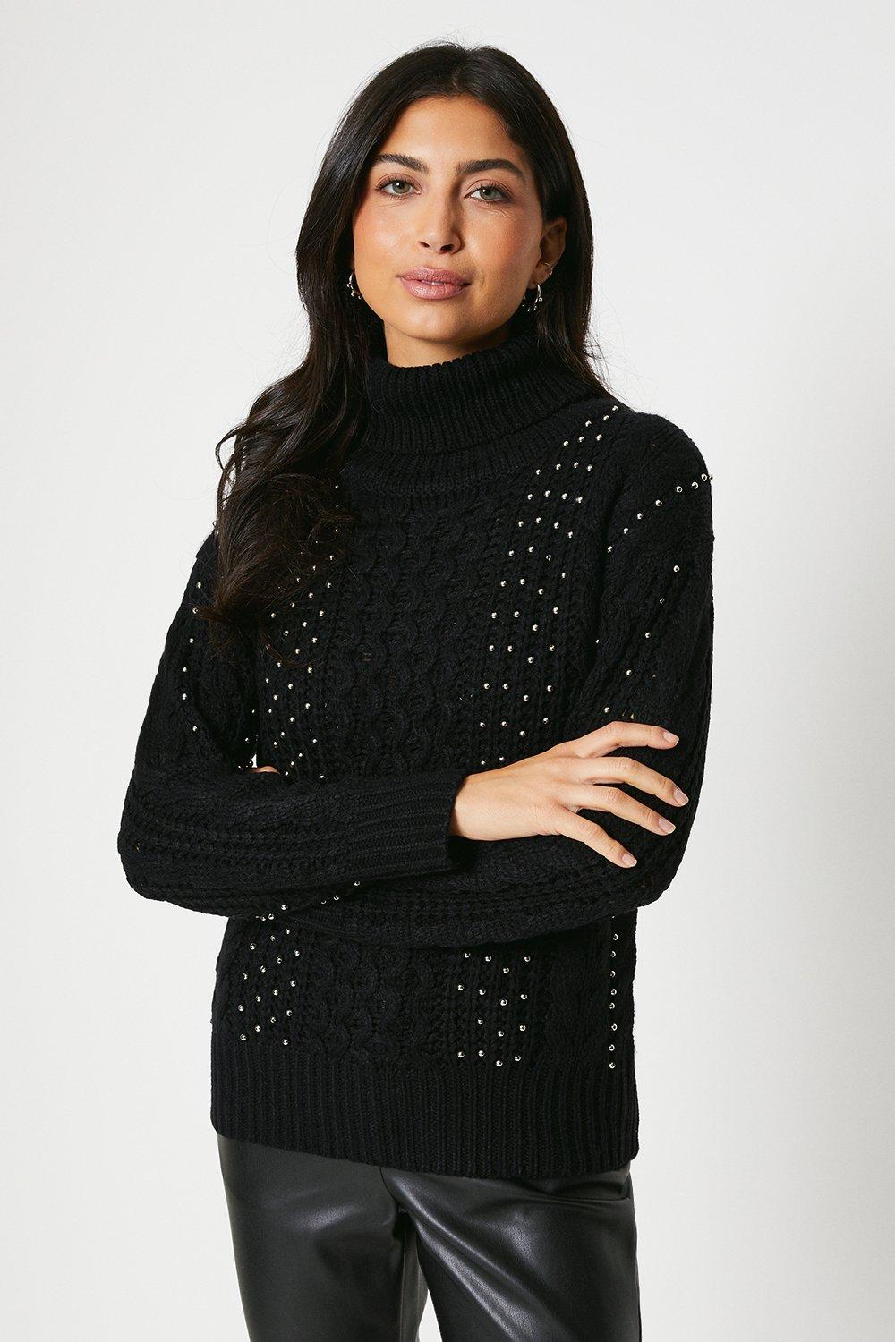 Womens Cable Knit Roll Neck Jumper With Beading Detail