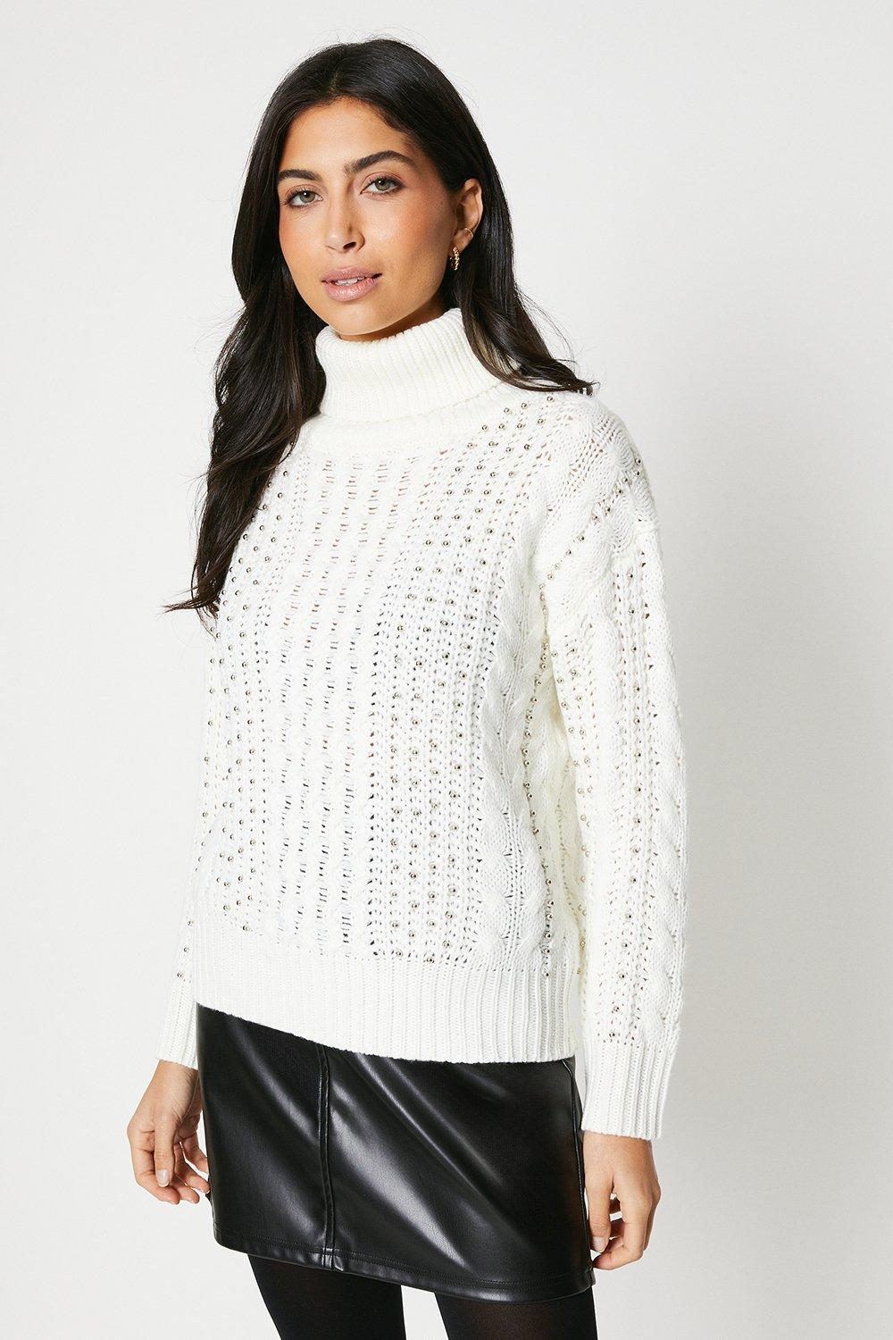 Womens Cable Knit Roll Neck Jumper With Beading Detail