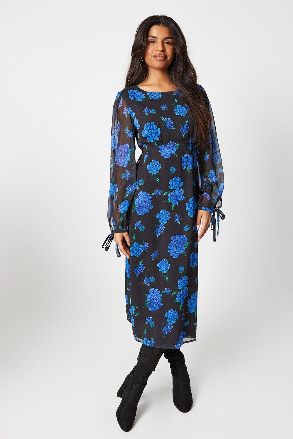 Womens Petite Blue Floral Chiffon Midi Dress