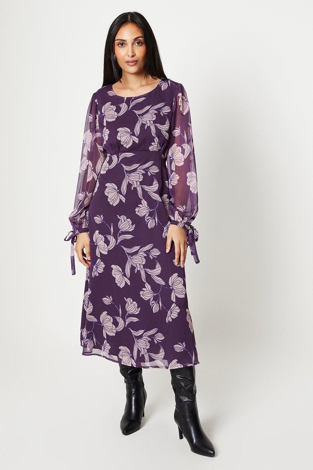 Womens Petite Plum Stencil Floral Midi Dress