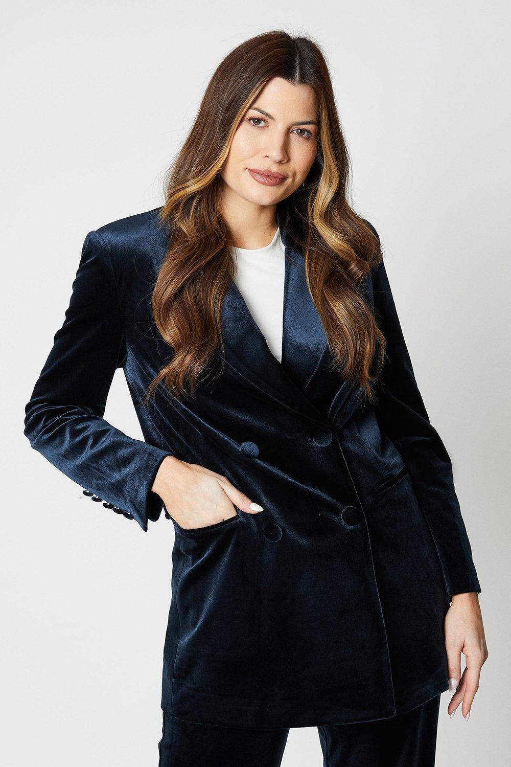 Womens Premium Velvet Double Breasted Blazer Coat
