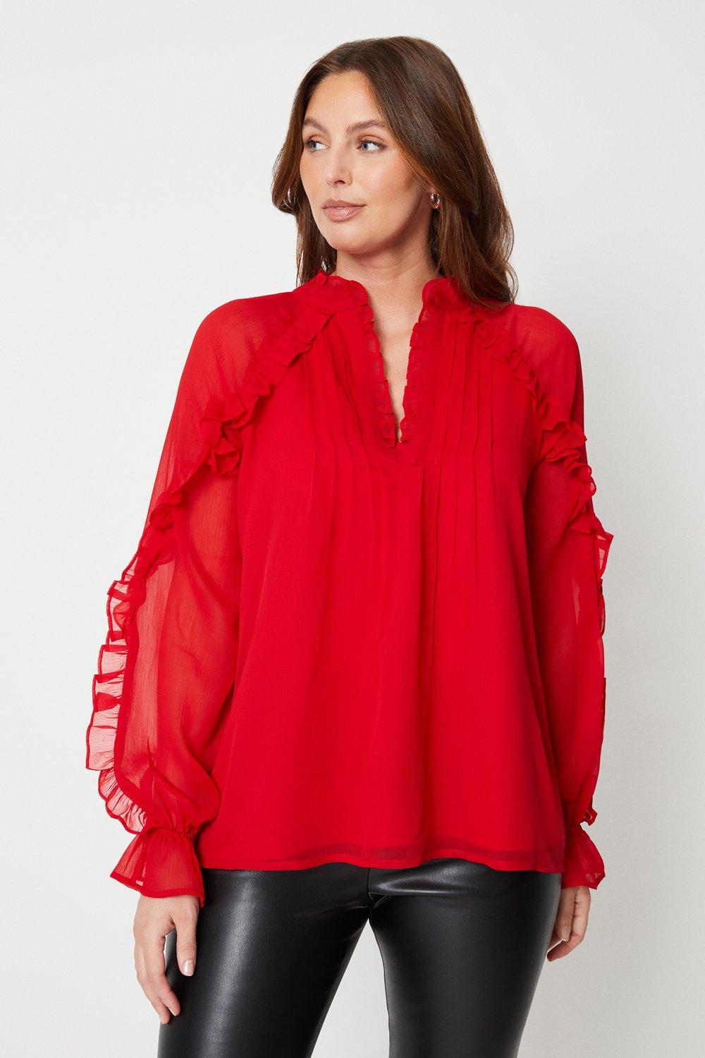 Womens Red Frill Tuck Boho Blouse