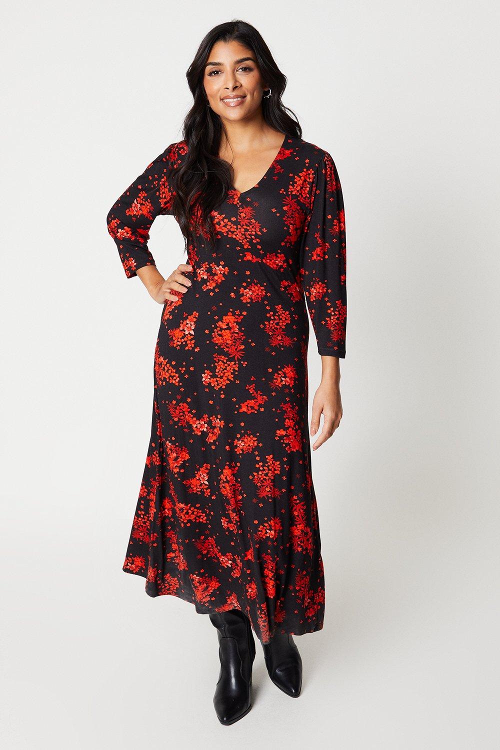 Womens Petite Red Floral Jersey Midi Dress