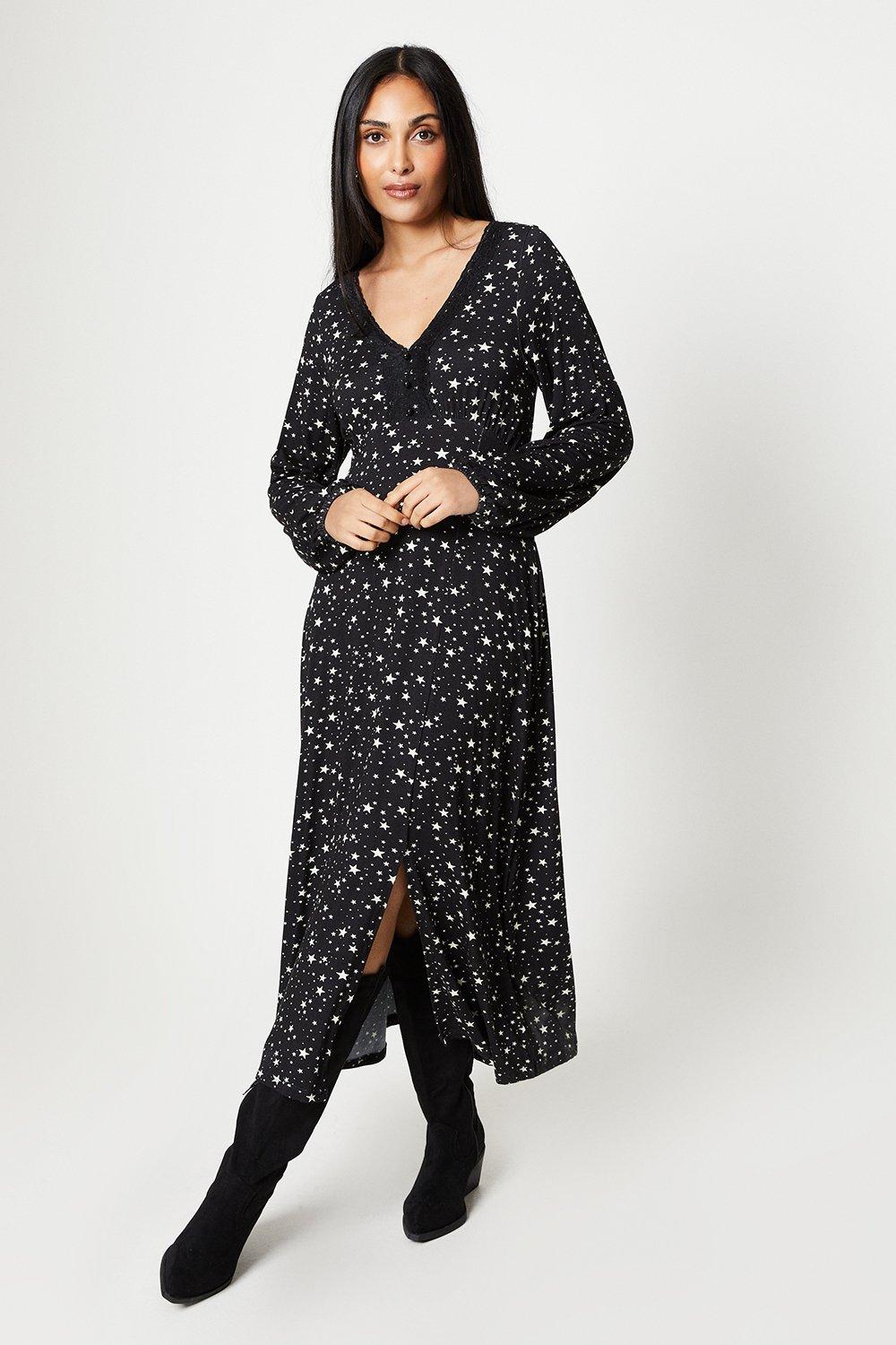Womens Petite Star Print Lace Jersey Midi Dress