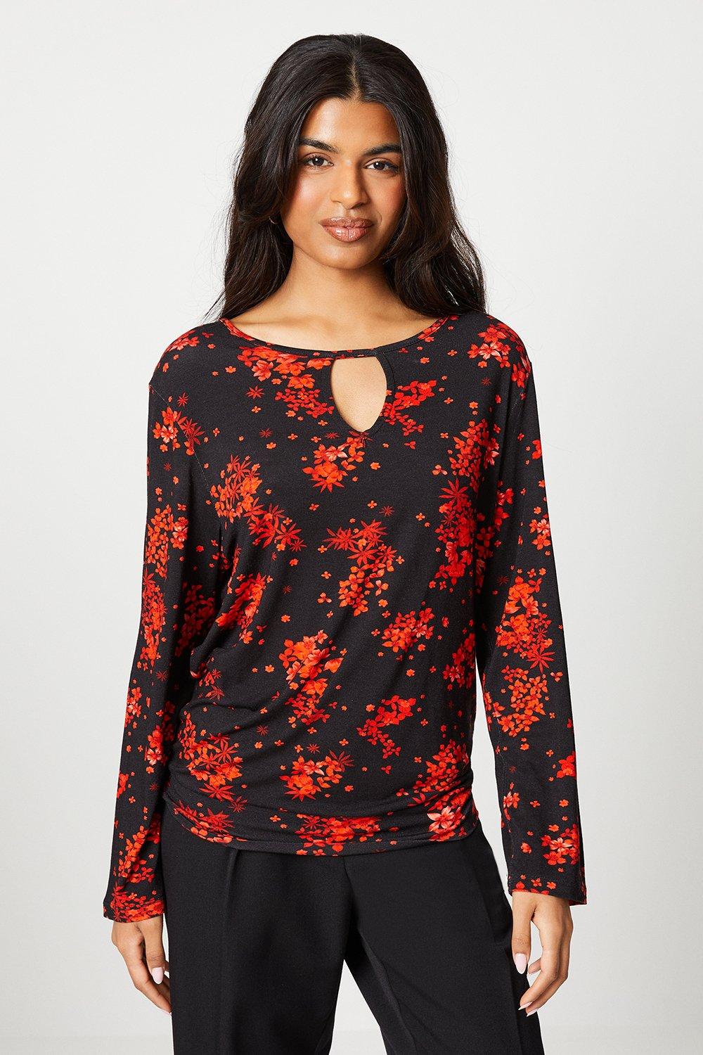 Womens Petite Red Floral Jersey Keyhole Top