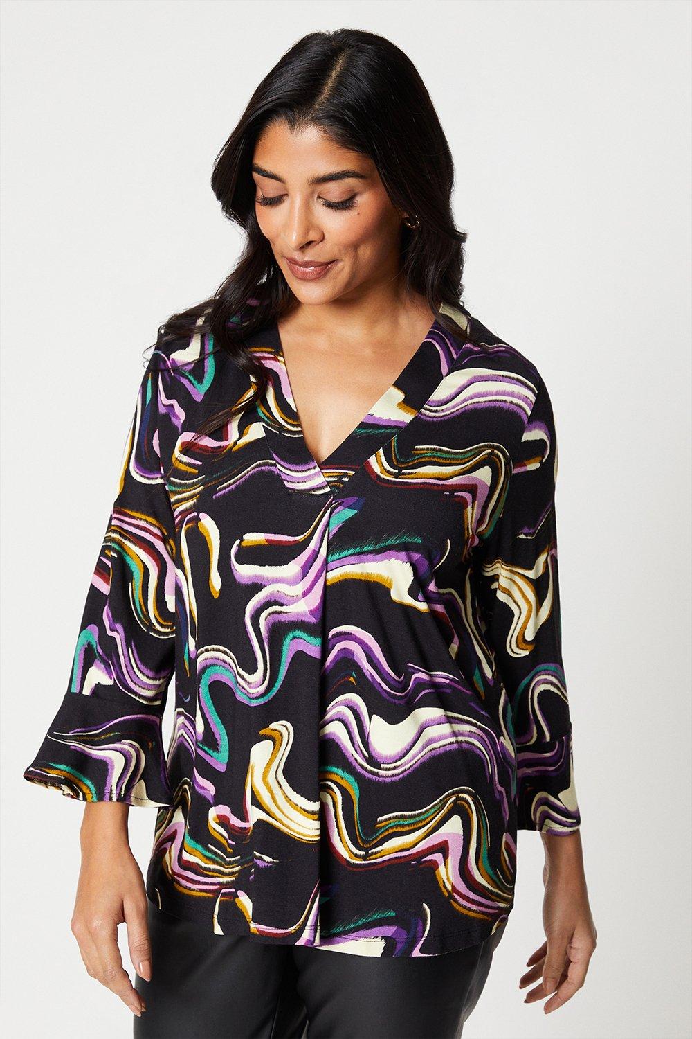 Womens Petite Marble Print Flute Sleeve Jersey Top