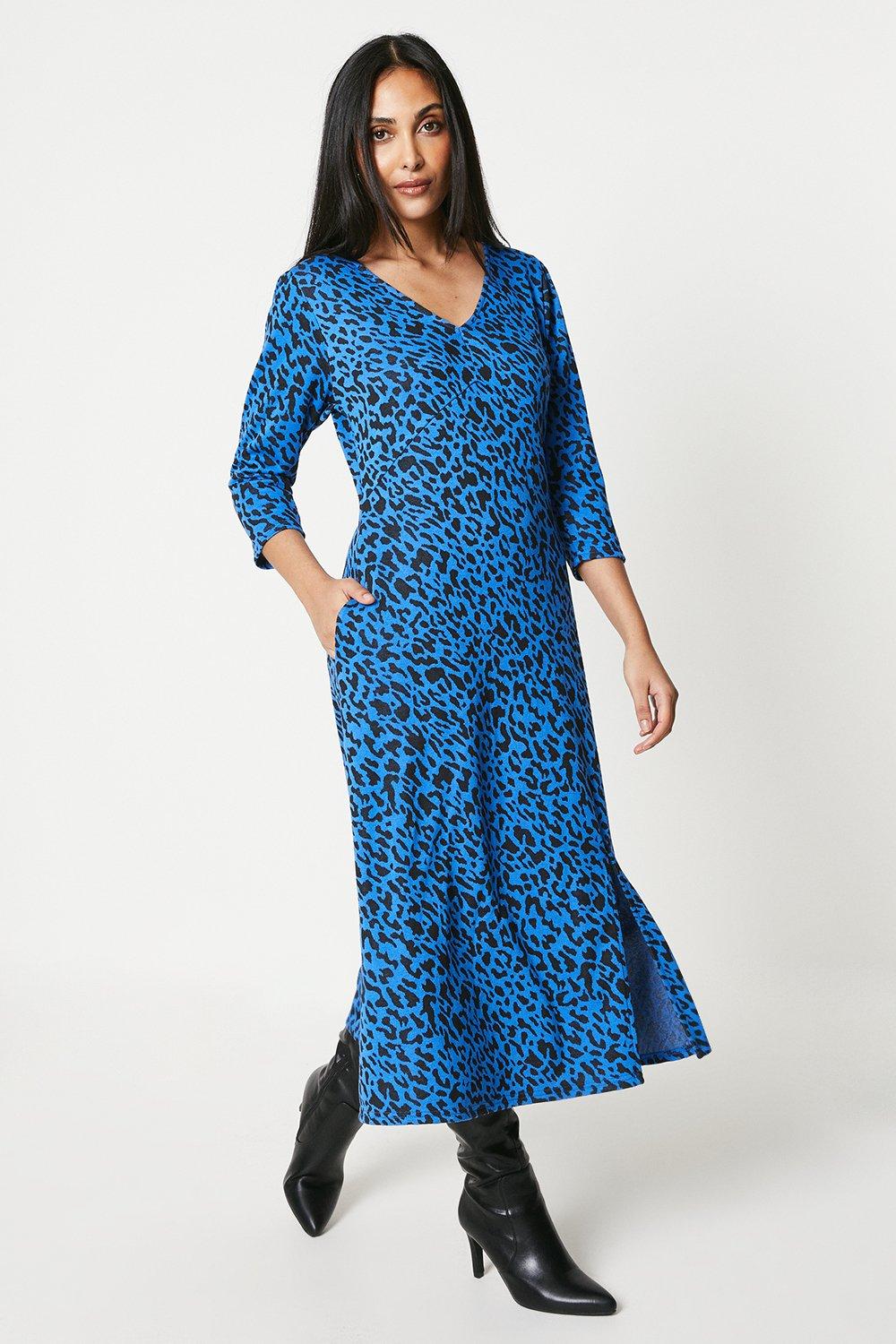 Womens Petite Cobalt Animal Print Jacquard Midi Dress