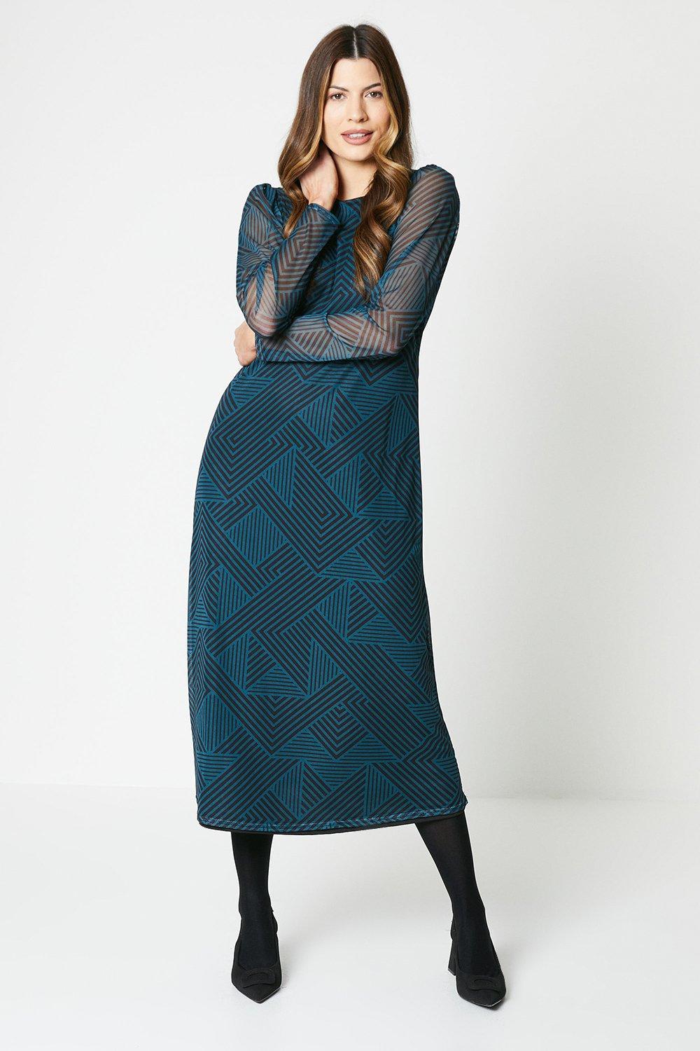 Womens Blue Mesh Abstract Print Midi Dress