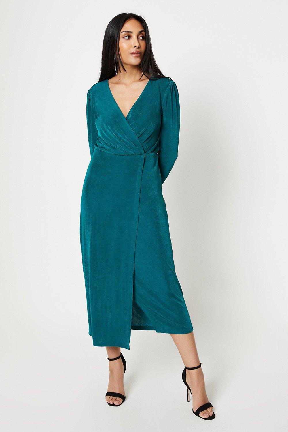 Womens Petite Textured Jersey Wrap Detail Midi Dress