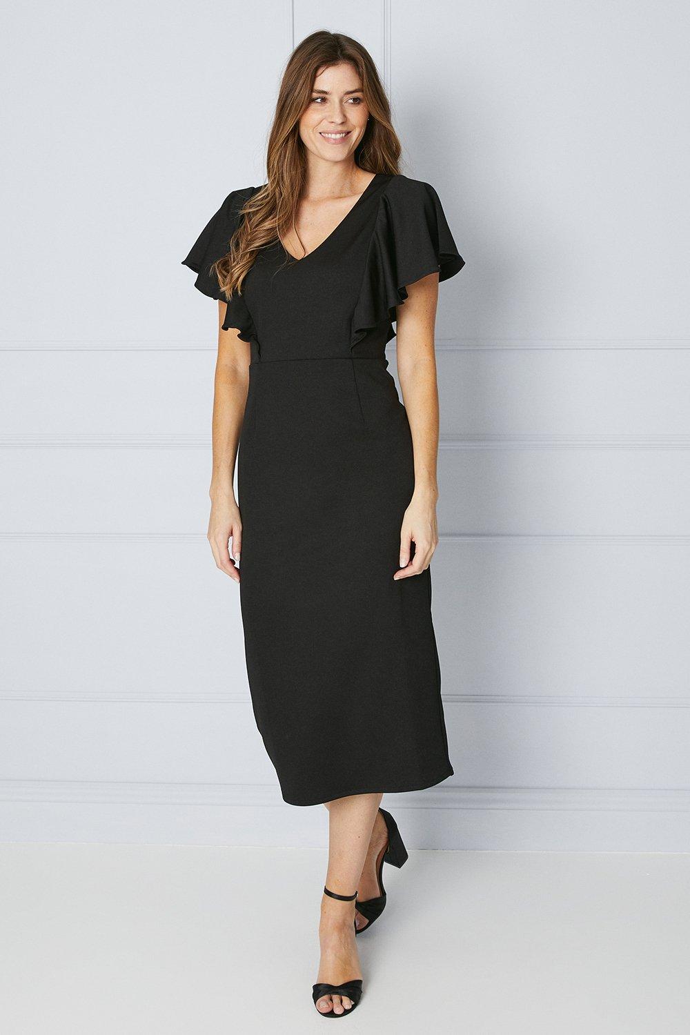 Bonded Scuba Ruffle Sleeve Midi Dress