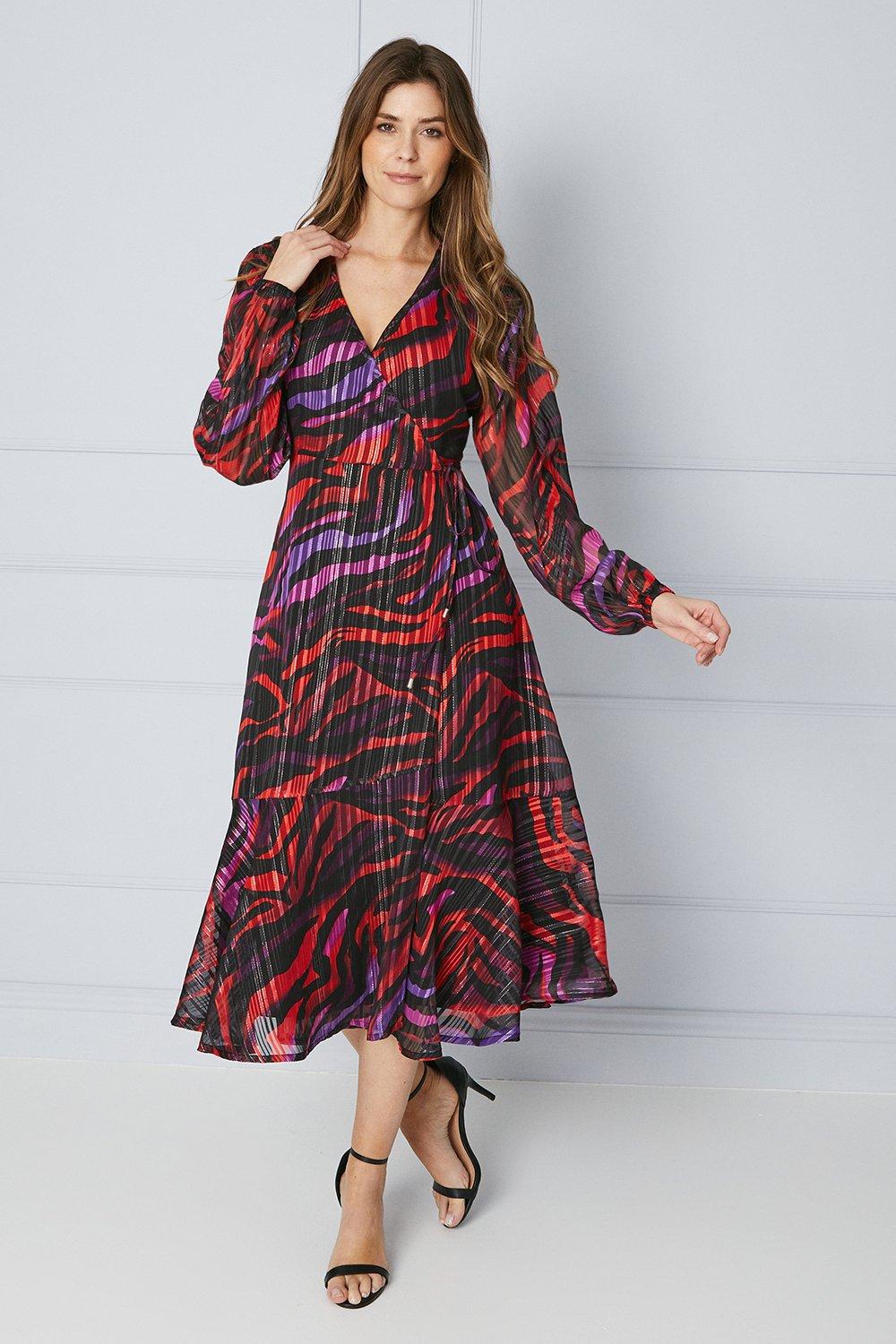Womens Animal Print Glitter Stripe Wrap Midi Dress