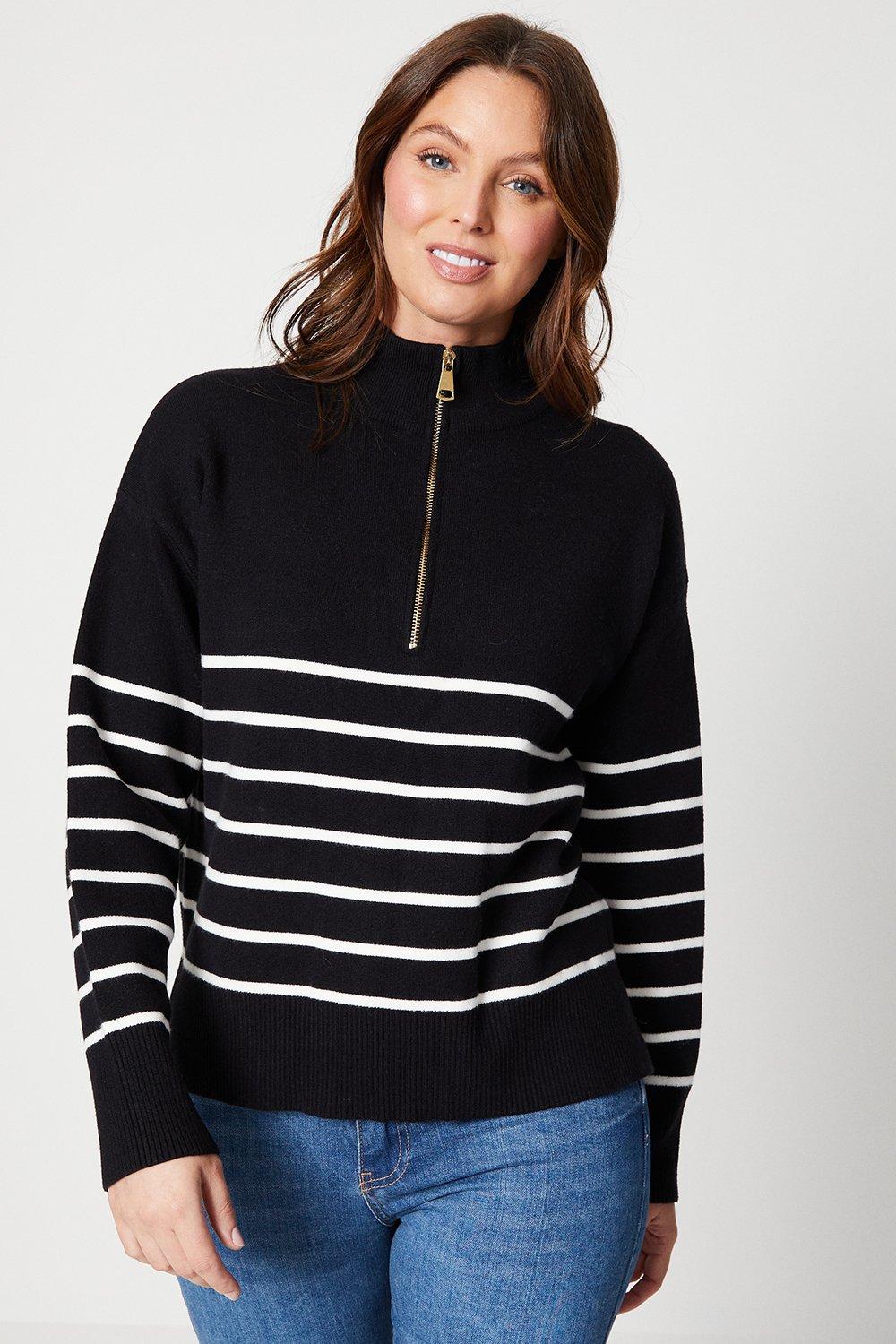 Womens Zip Funnel Neck Milano Stripe Sweater