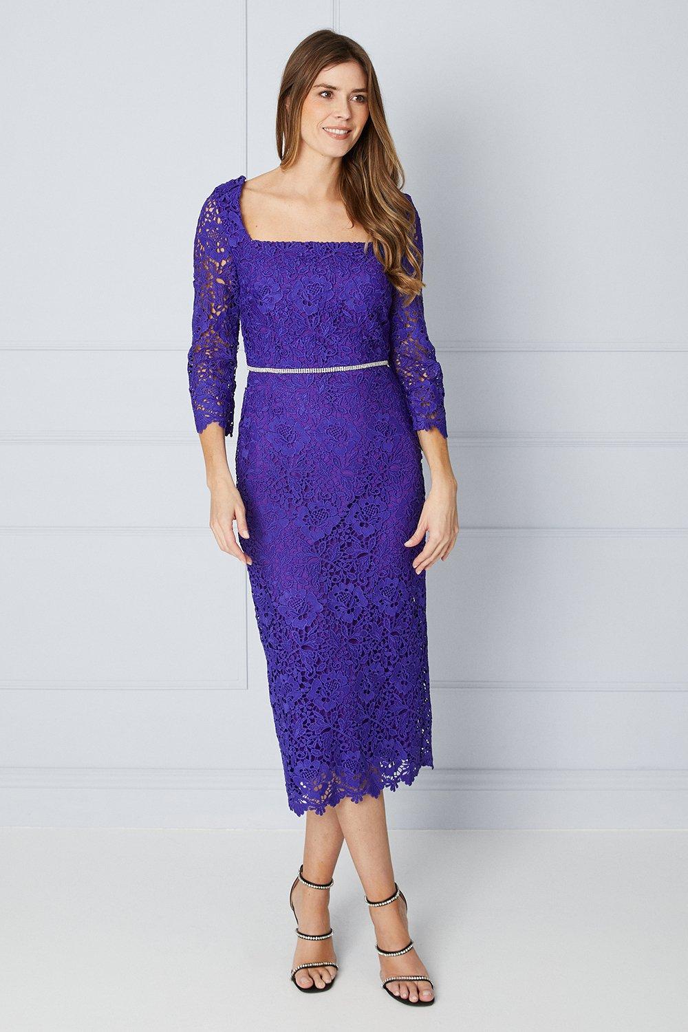 Womens Tall Premium Lace Embellished Waist Midi Dress