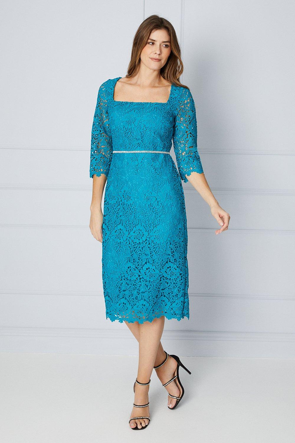 Womens Premium Lace Embellished Waist Midi Dress