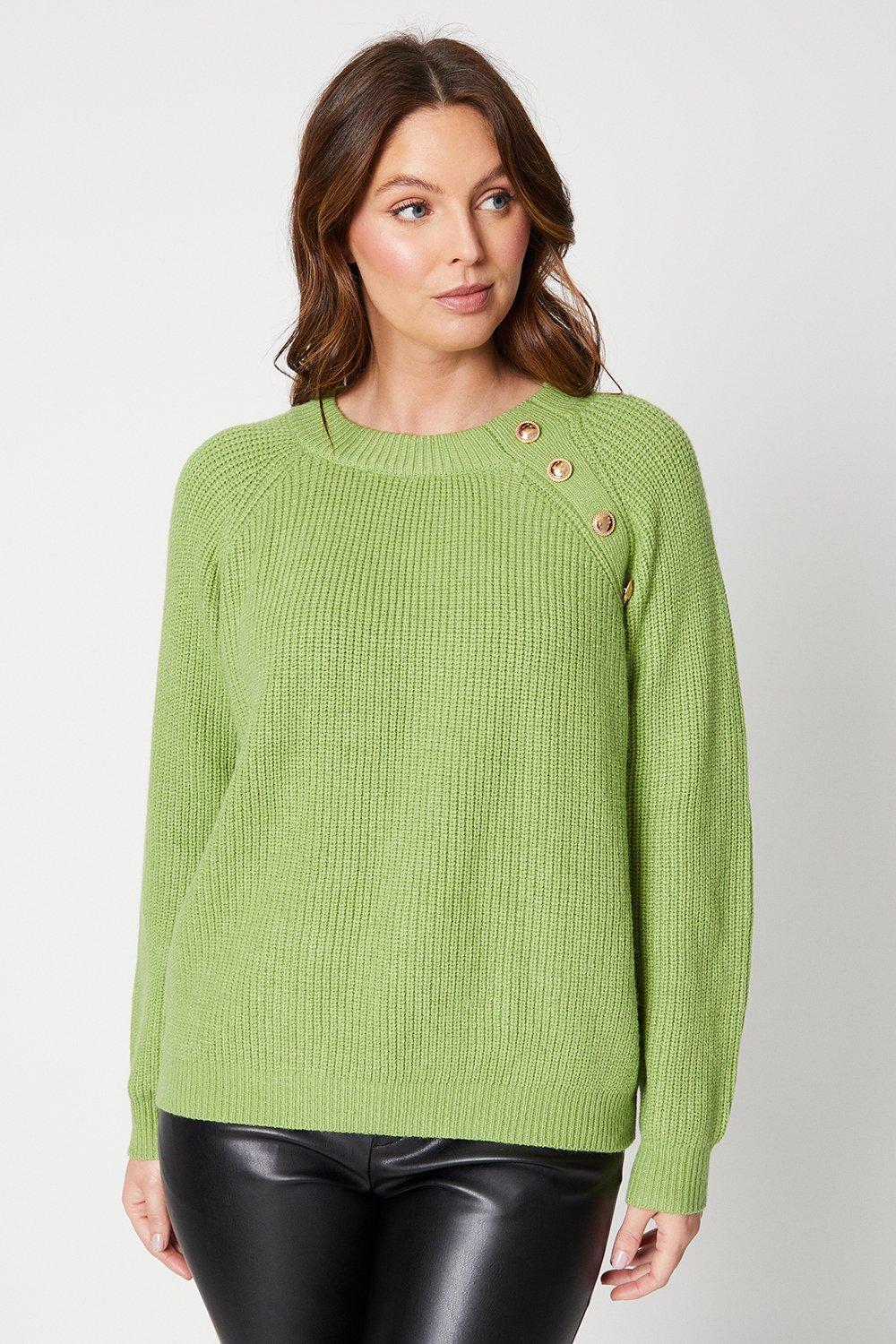 Womens Button Detail Plain Rib Sweater