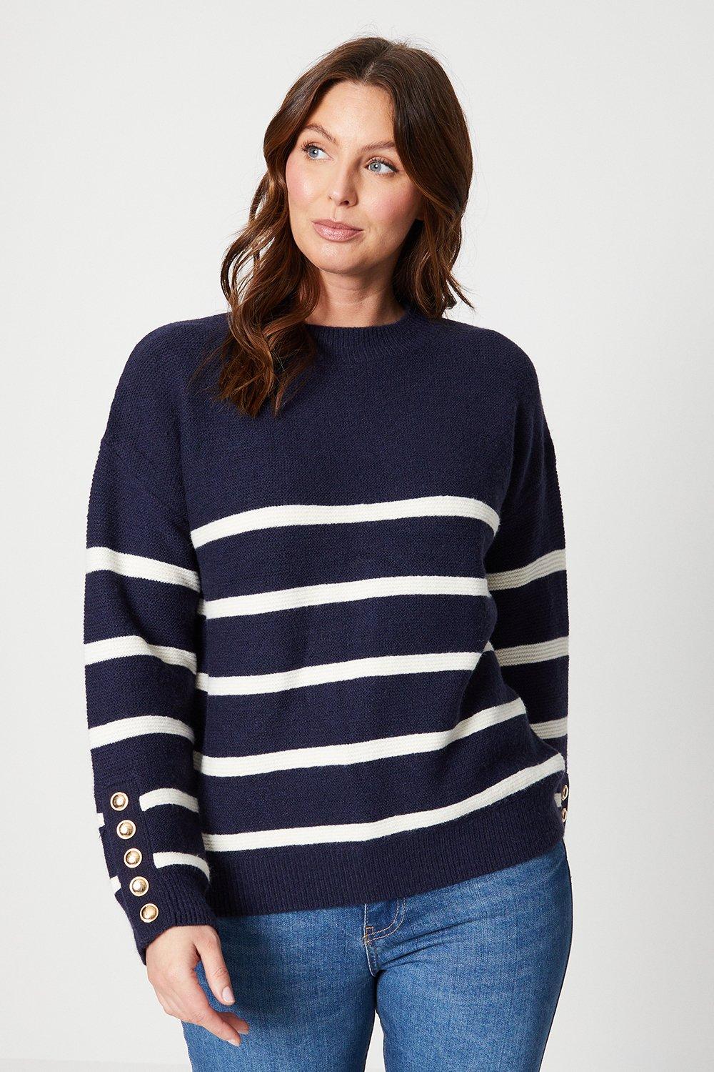 Womens Button Cuff Stripe Sweater