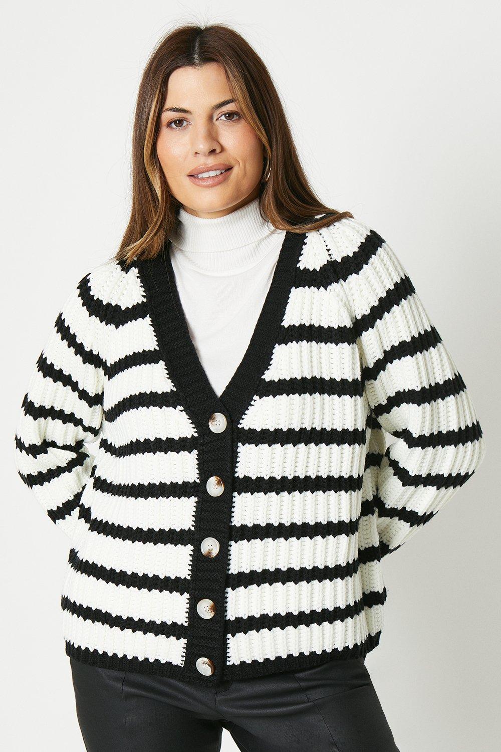 Womens Chunky Knit Striped Cotton Cardigan