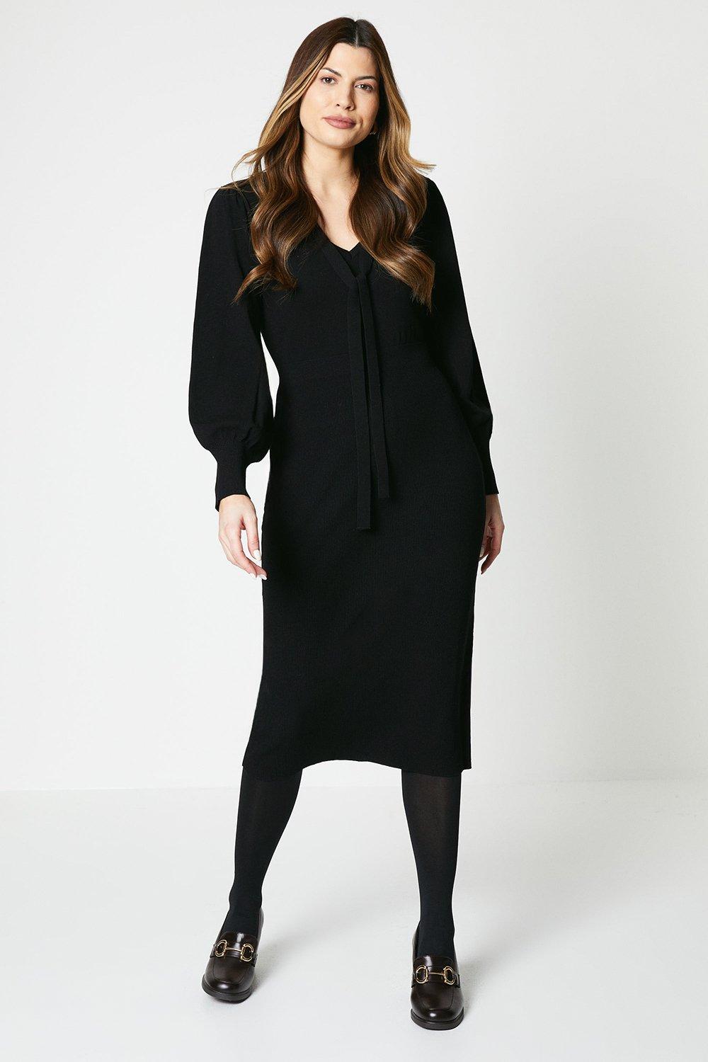 Womens Blouson Sleeve Knitted Midi Dress With Neck Tie